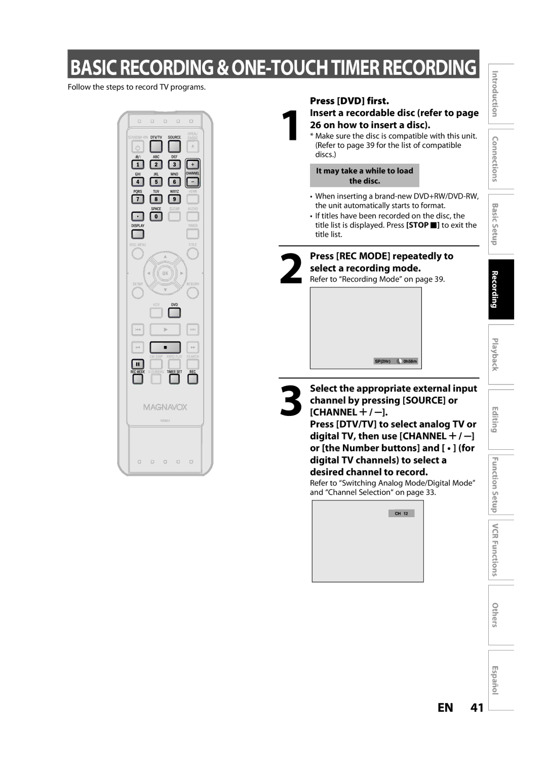 FUNAI ZV457MG9 A Press DVD first, On how to insert a disc, Press REC Mode repeatedly to Select a recording mode 