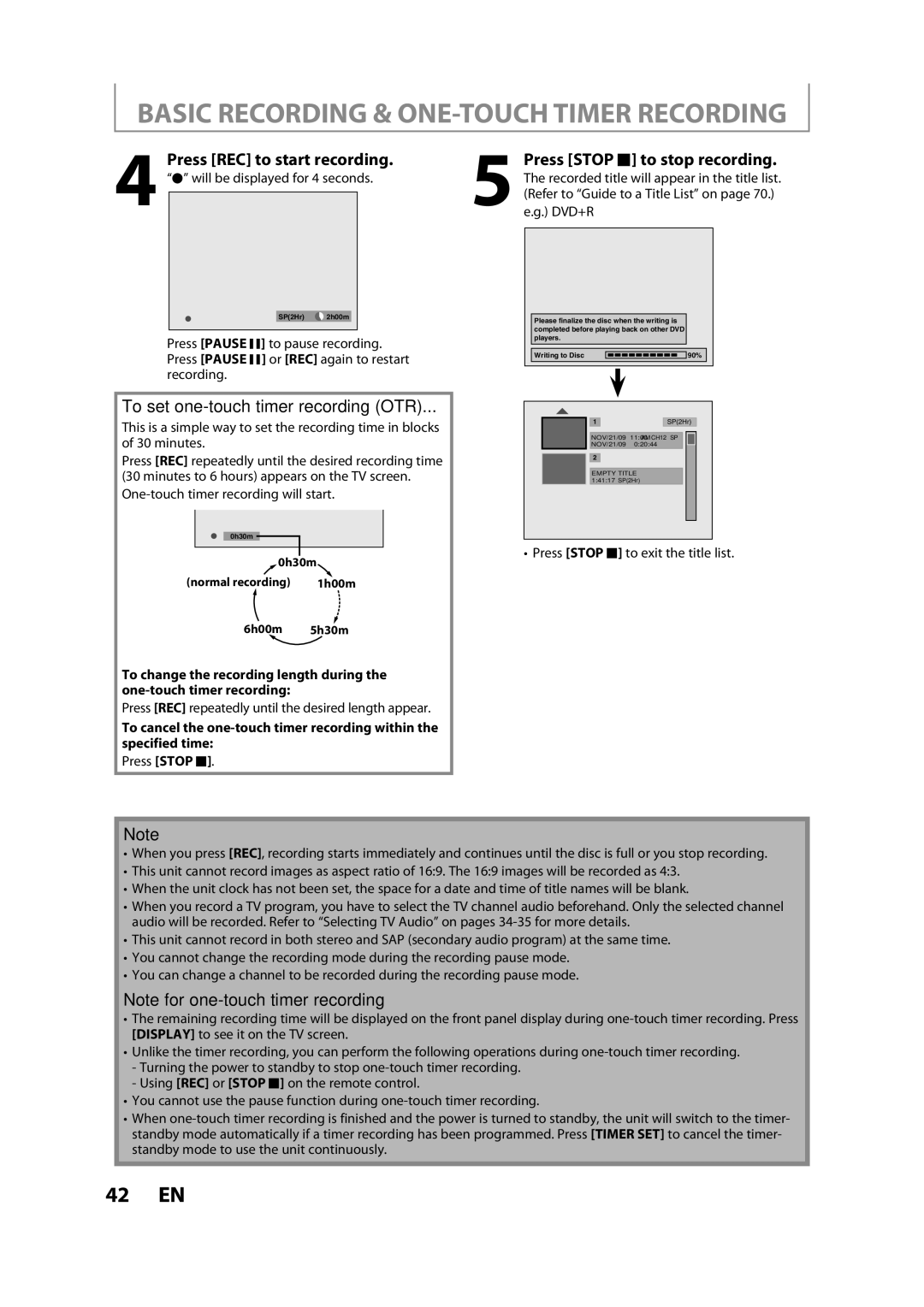 FUNAI ZV457MG9 A owner manual Press Stop C to exit the title list, Press REC repeatedly until the desired length appear 