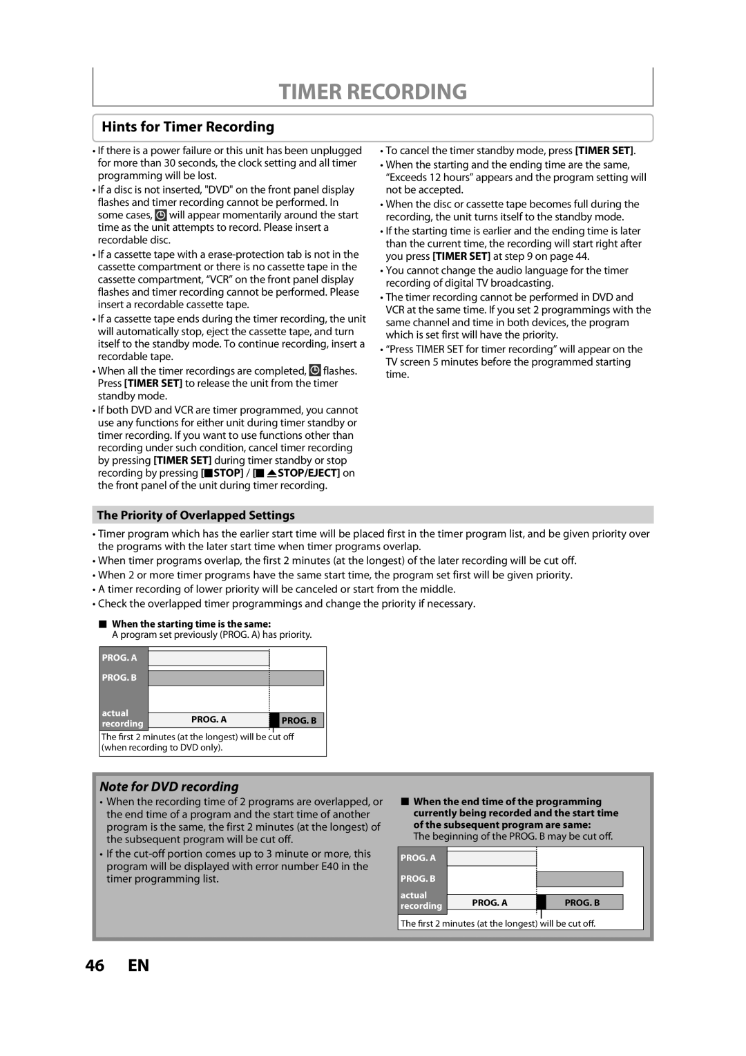 FUNAI ZV457MG9 A owner manual Hints for Timer Recording, Priority of Overlapped Settings 