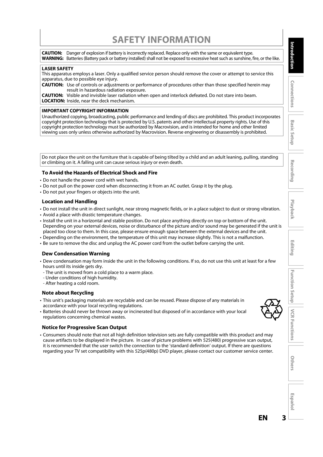 FUNAI ZV457MG9 A owner manual Safety Information, To Avoid the Hazards of Electrical Shock and Fire, Location and Handling 