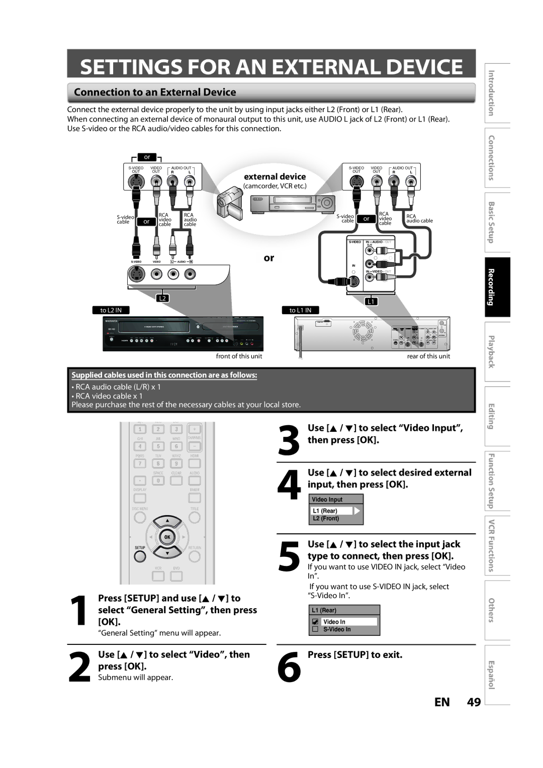 FUNAI ZV457MG9 A owner manual Settings for AN External Device, Connection to an External Device, External device 