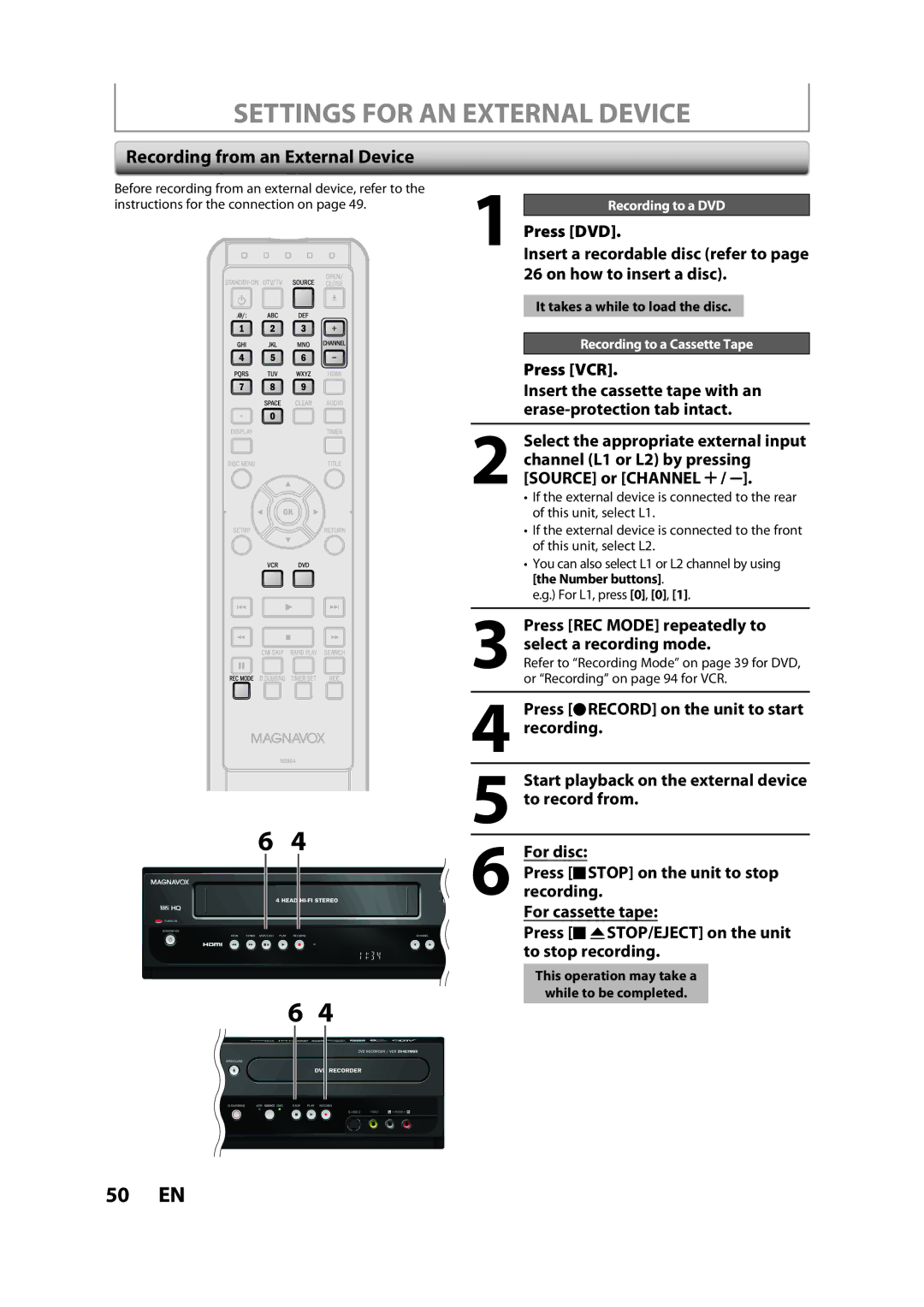 FUNAI ZV457MG9 A owner manual Settings for AN External Device, Recording from an External Device, Press VCR 