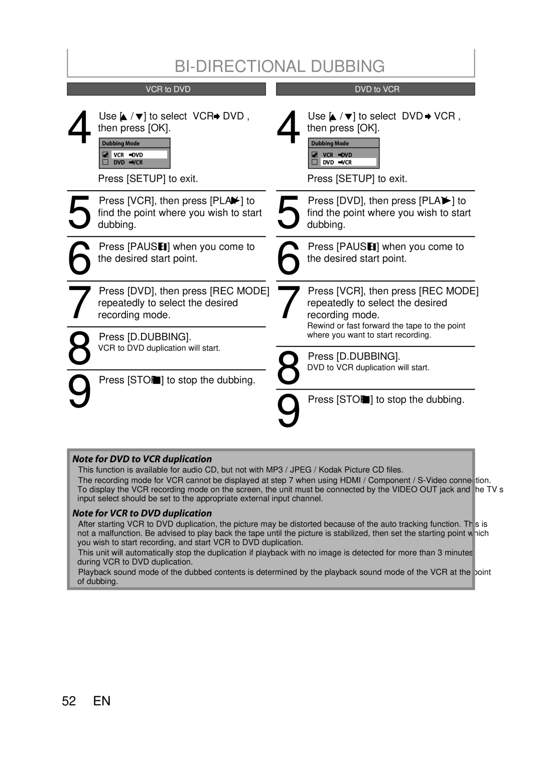 FUNAI ZV457MG9 A owner manual BI-DIRECTIONAL Dubbing 