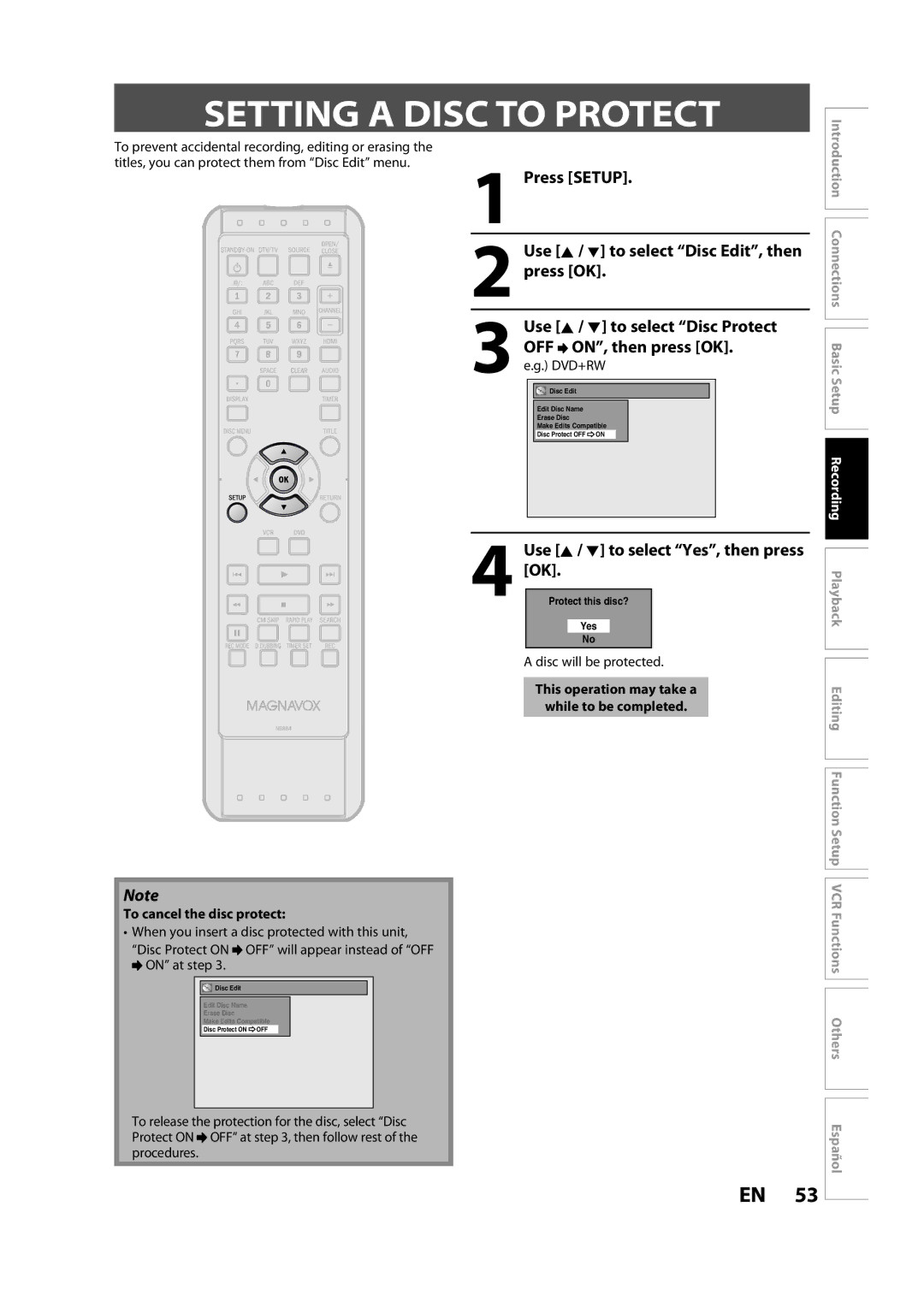 FUNAI ZV457MG9 A owner manual Setting a Disc to Protect 