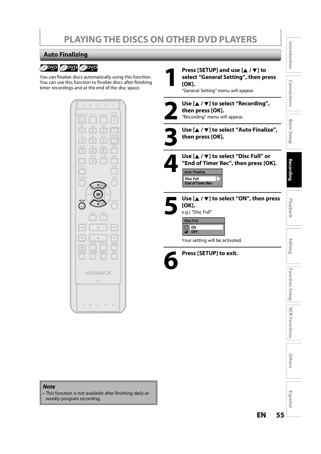 FUNAI ZV457MG9 A owner manual Playing the Discs on Other DVD Players, Auto Finalizing 