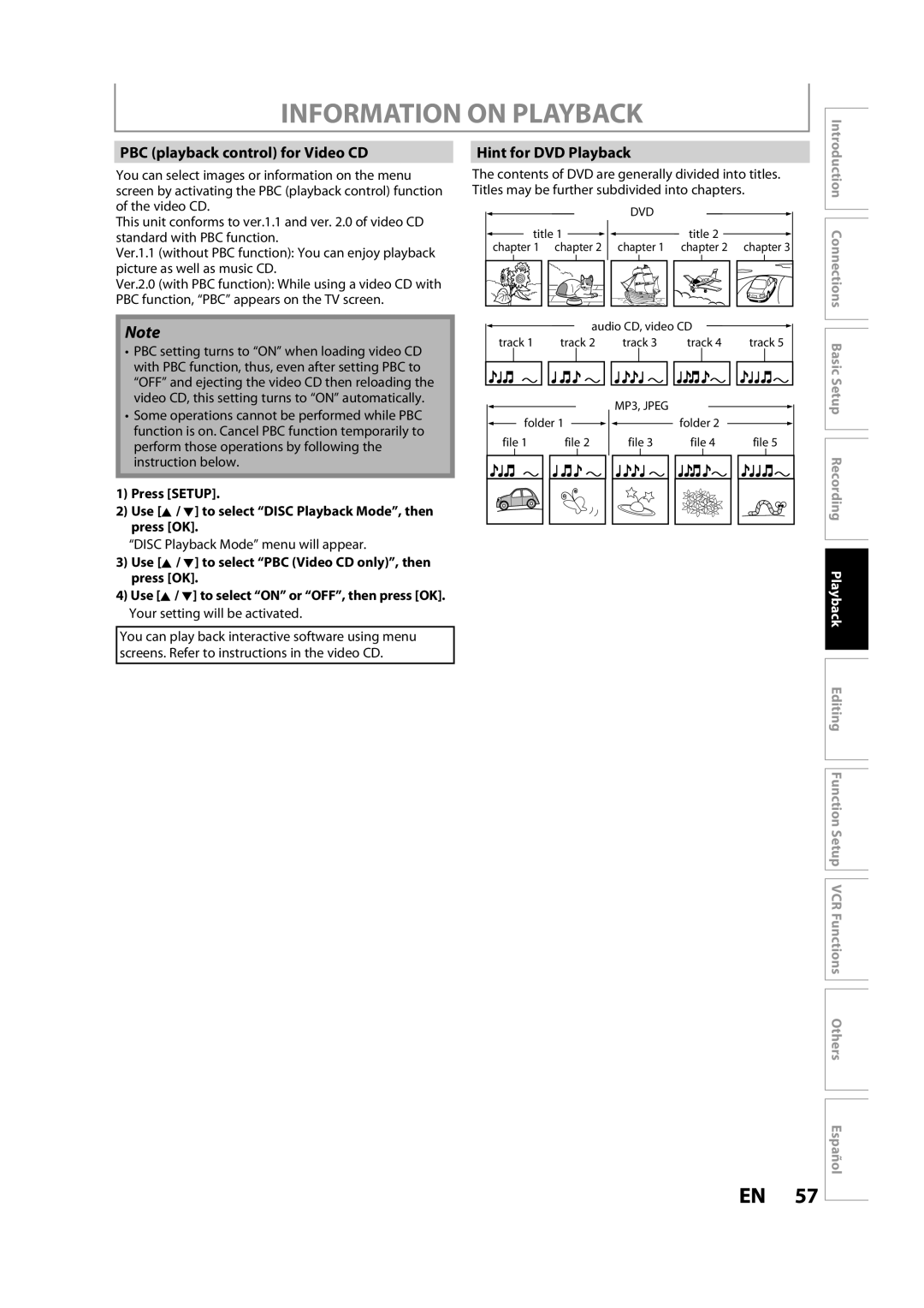 FUNAI ZV457MG9 A owner manual Information on Playback, PBC playback control for Video CD, Hint for DVD Playback 