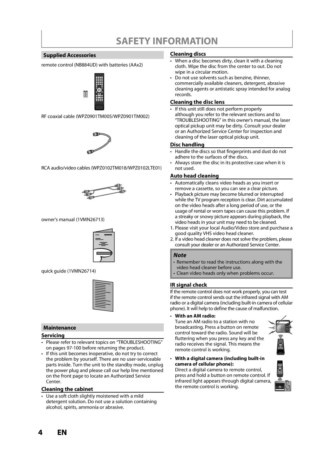 FUNAI ZV457MG9 A Supplied Accessories, Cleaning discs, Cleaning the disc lens Disc handling, Auto head cleaning 