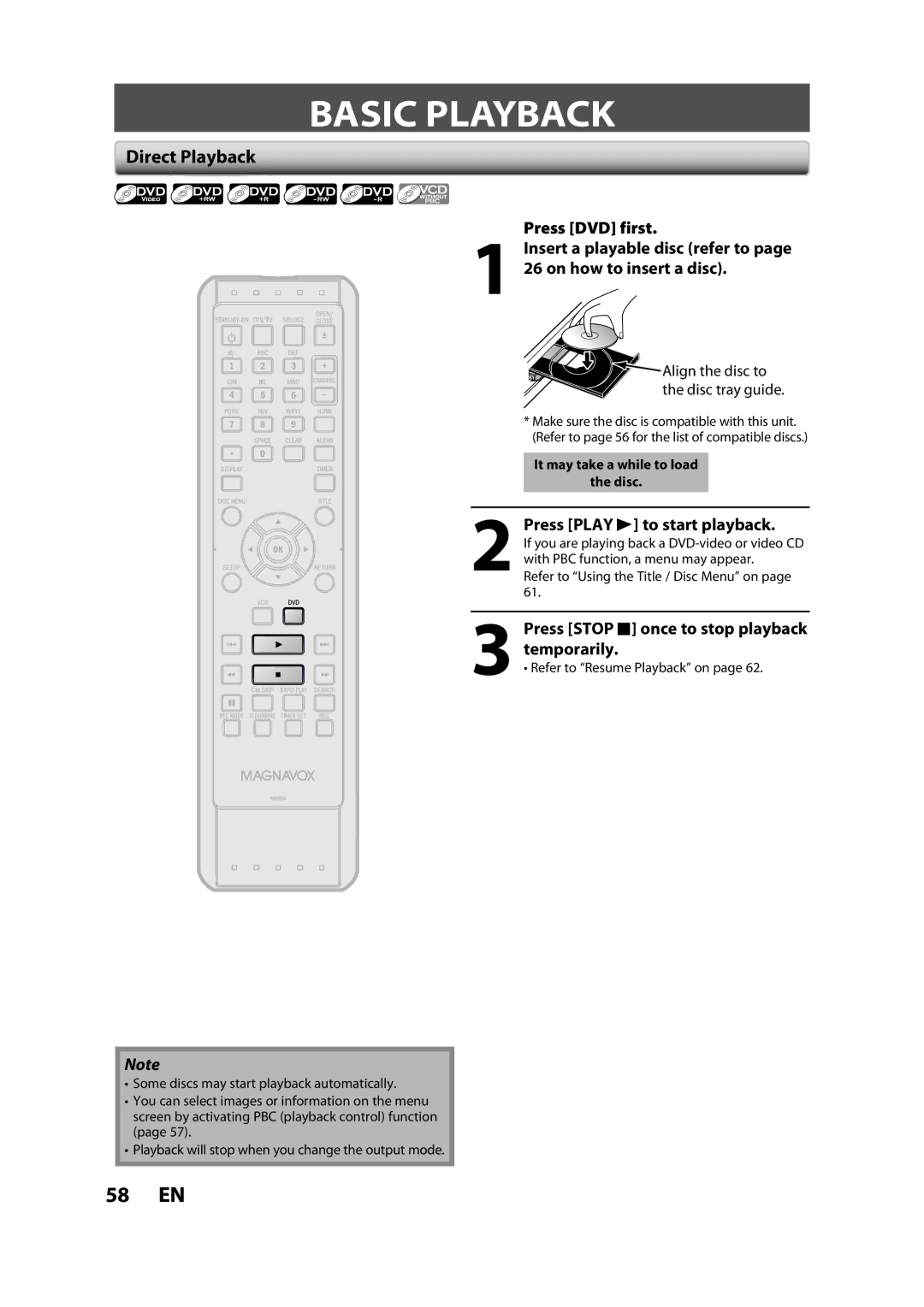 FUNAI ZV457MG9 A owner manual Basic Playback, Direct Playback, Press Play B to start playback 