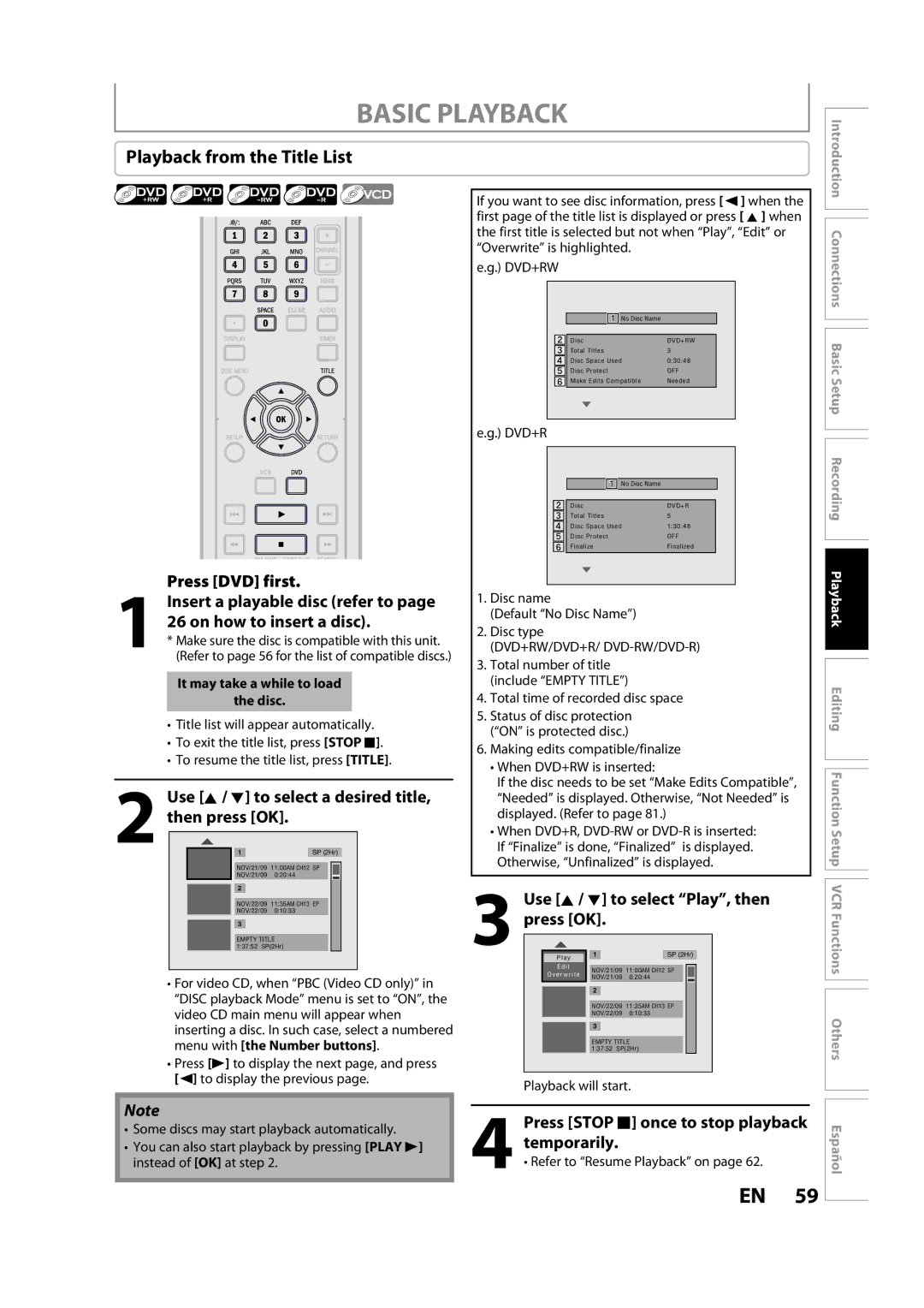 FUNAI ZV457MG9 A owner manual Basic Playback, Playback from the Title List, Then press OK 