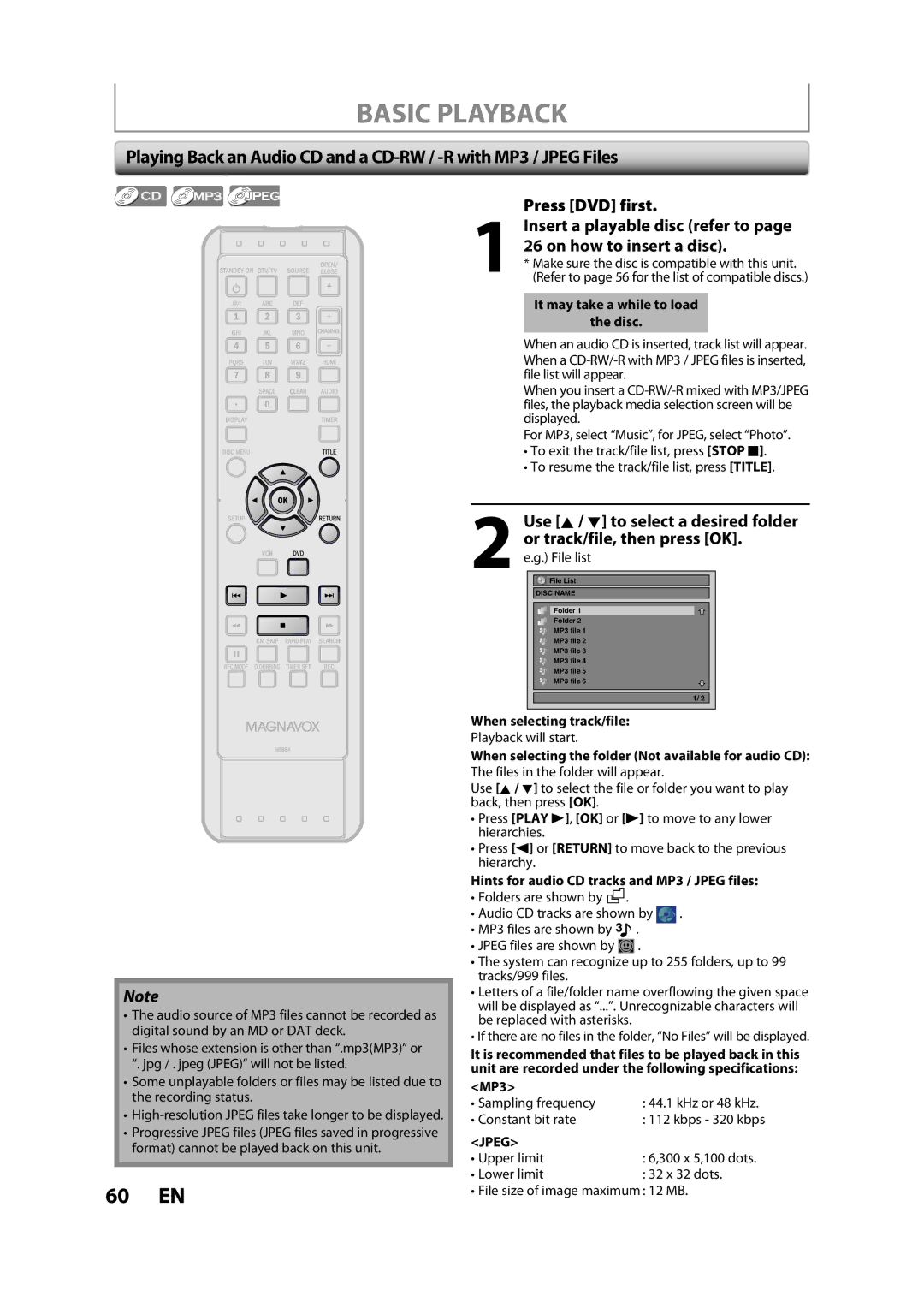 FUNAI ZV457MG9 A owner manual When selecting track/file, When selecting the folder Not available for audio CD, MP3 