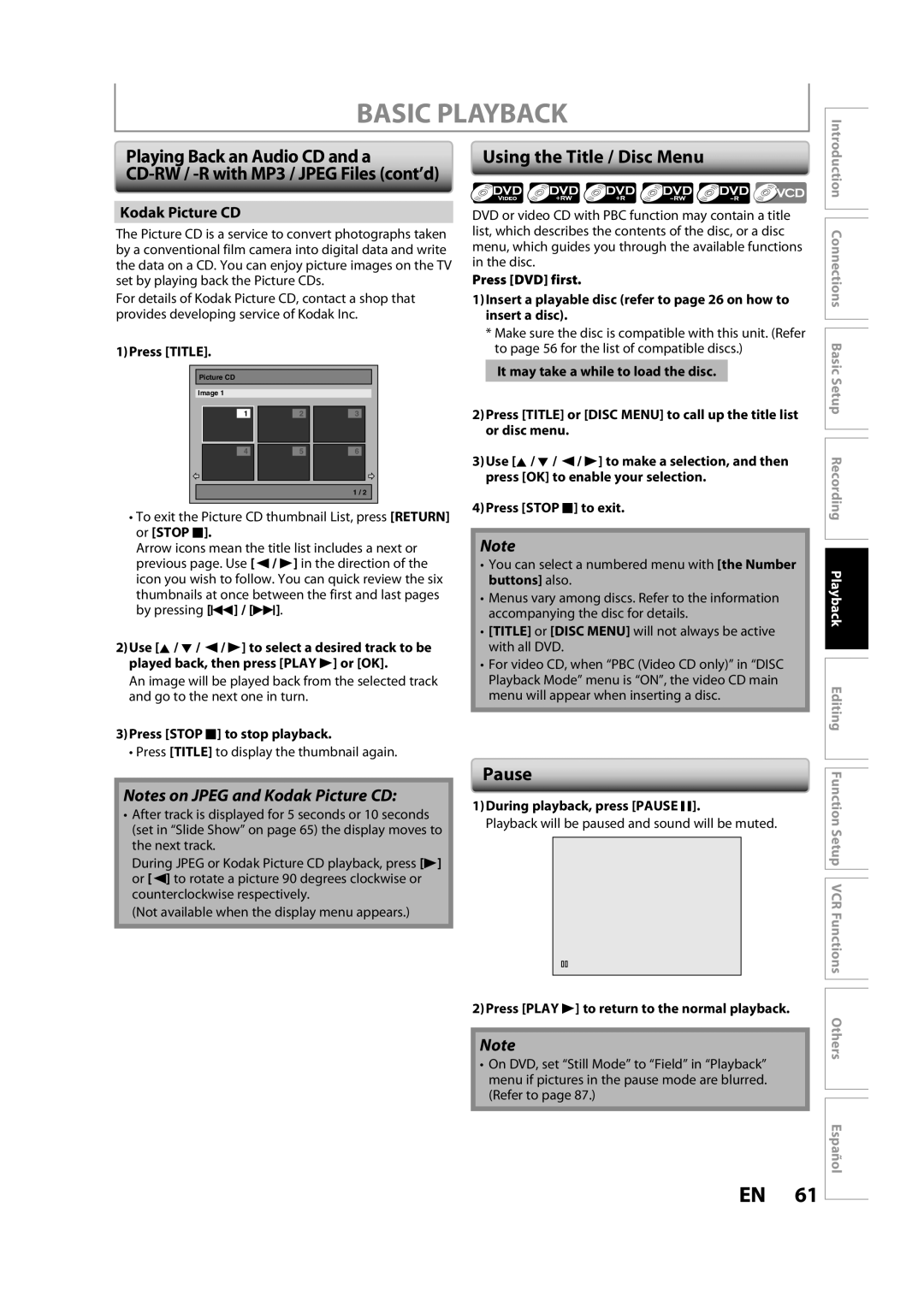 FUNAI ZV457MG9 A owner manual Using the Title / Disc Menu, Pause 