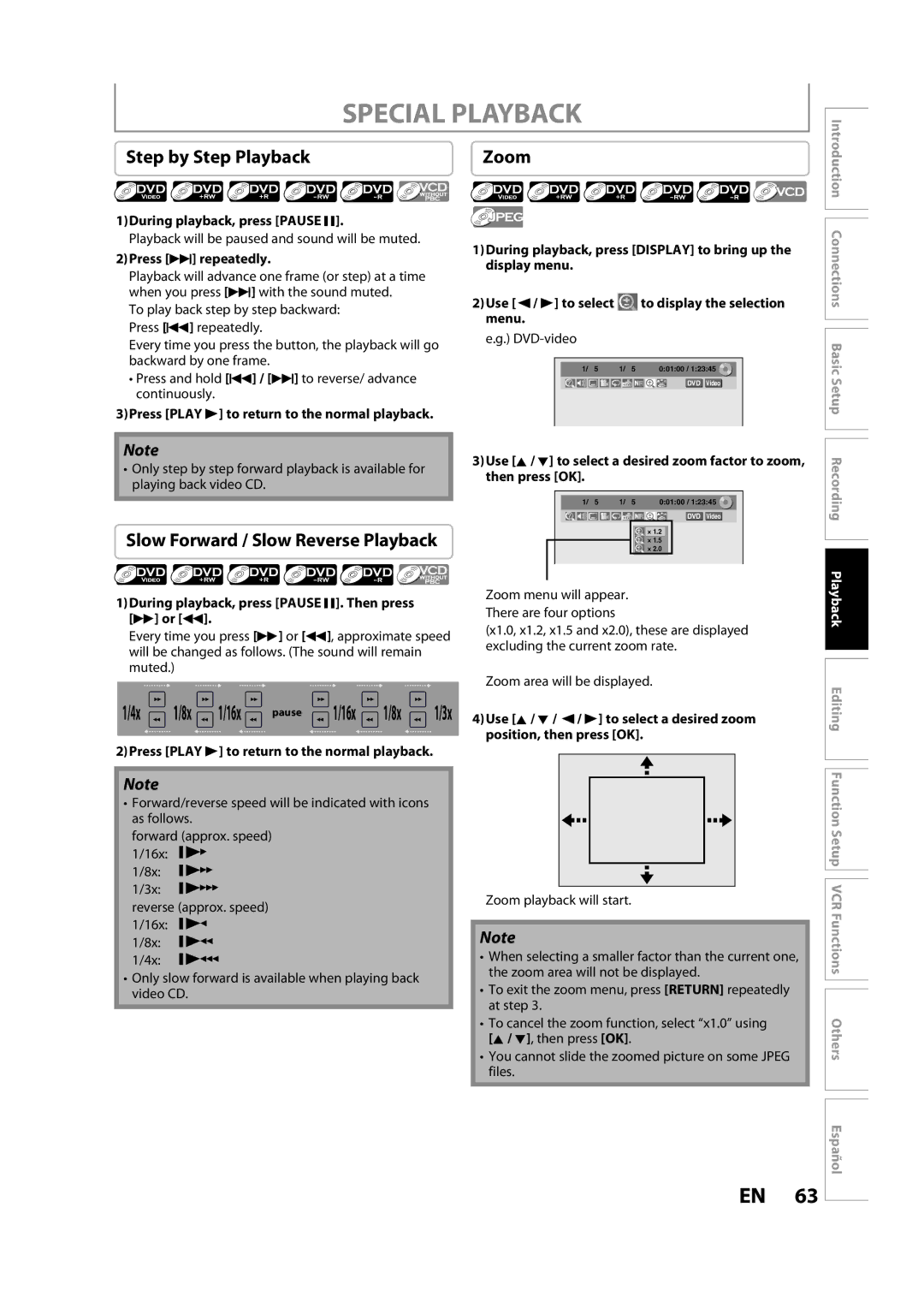 FUNAI ZV457MG9 A owner manual Special Playback, Step by Step Playback, Slow Forward / Slow Reverse Playback, Zoom 