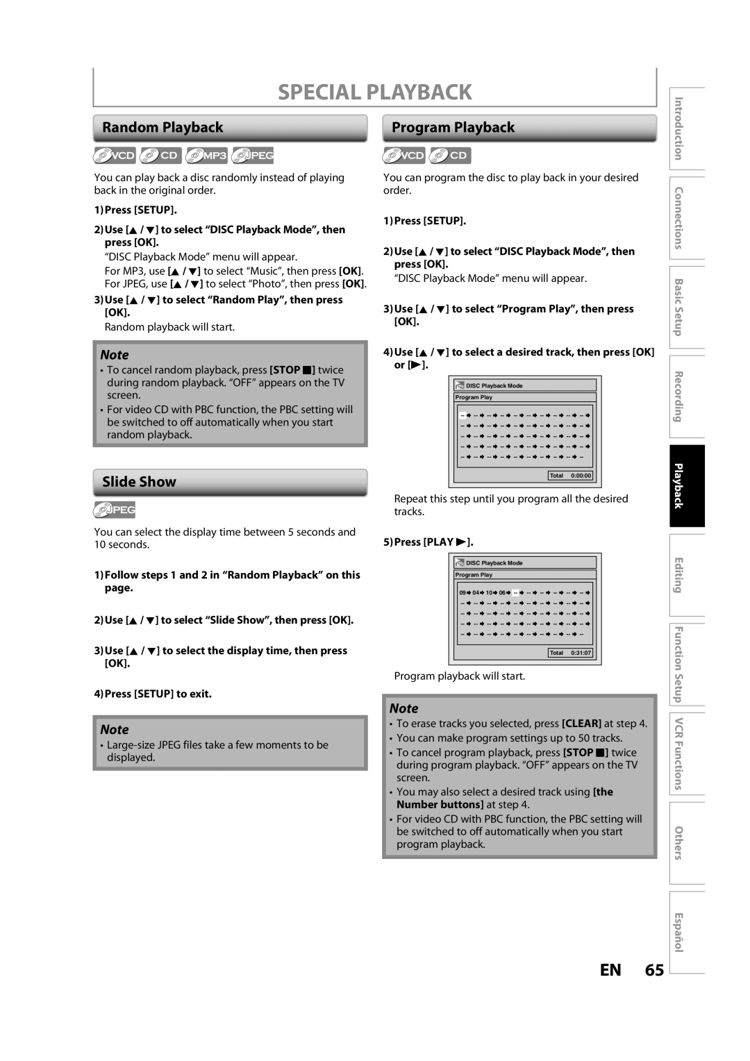 FUNAI ZV457MG9 A owner manual Random Playback, Slide Show, Program Playback 