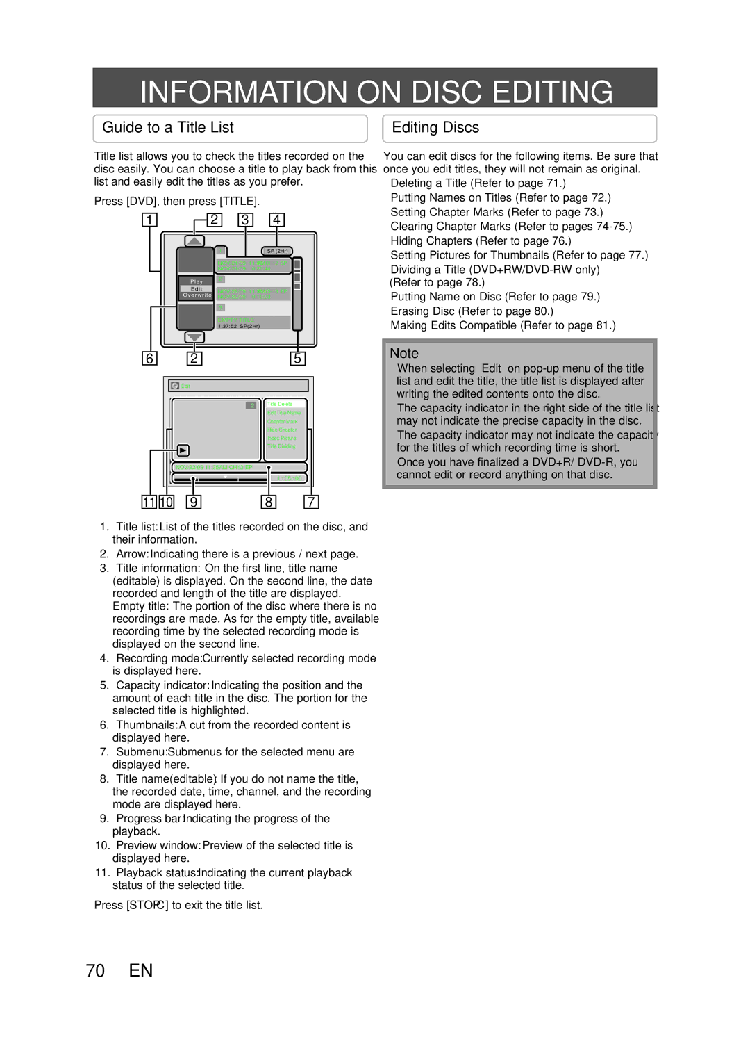 FUNAI ZV457MG9 A Information on Disc Editing, Guide to a Title List, Editing Discs, Press DVD, then press Title 