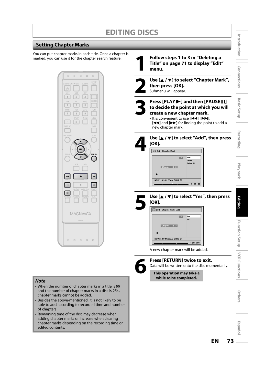 FUNAI ZV457MG9 A owner manual Setting Chapter Marks, Use K / L to select Add, then press OK, Submenu will appear 