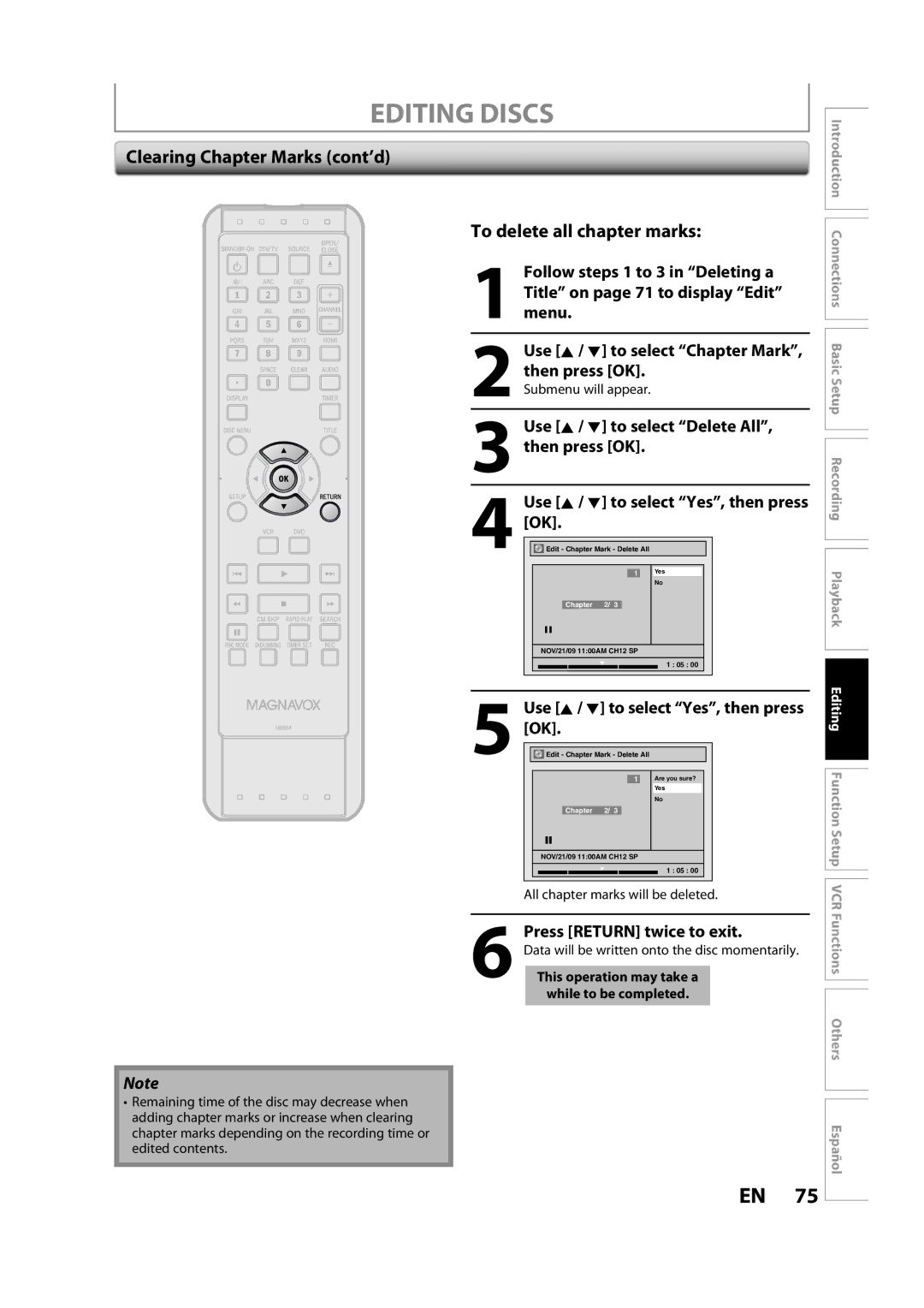 FUNAI ZV457MG9 A owner manual Clearing Chapter Marks cont’d, To delete all chapter marks, Follow steps 1 to 3 in Deleting a 