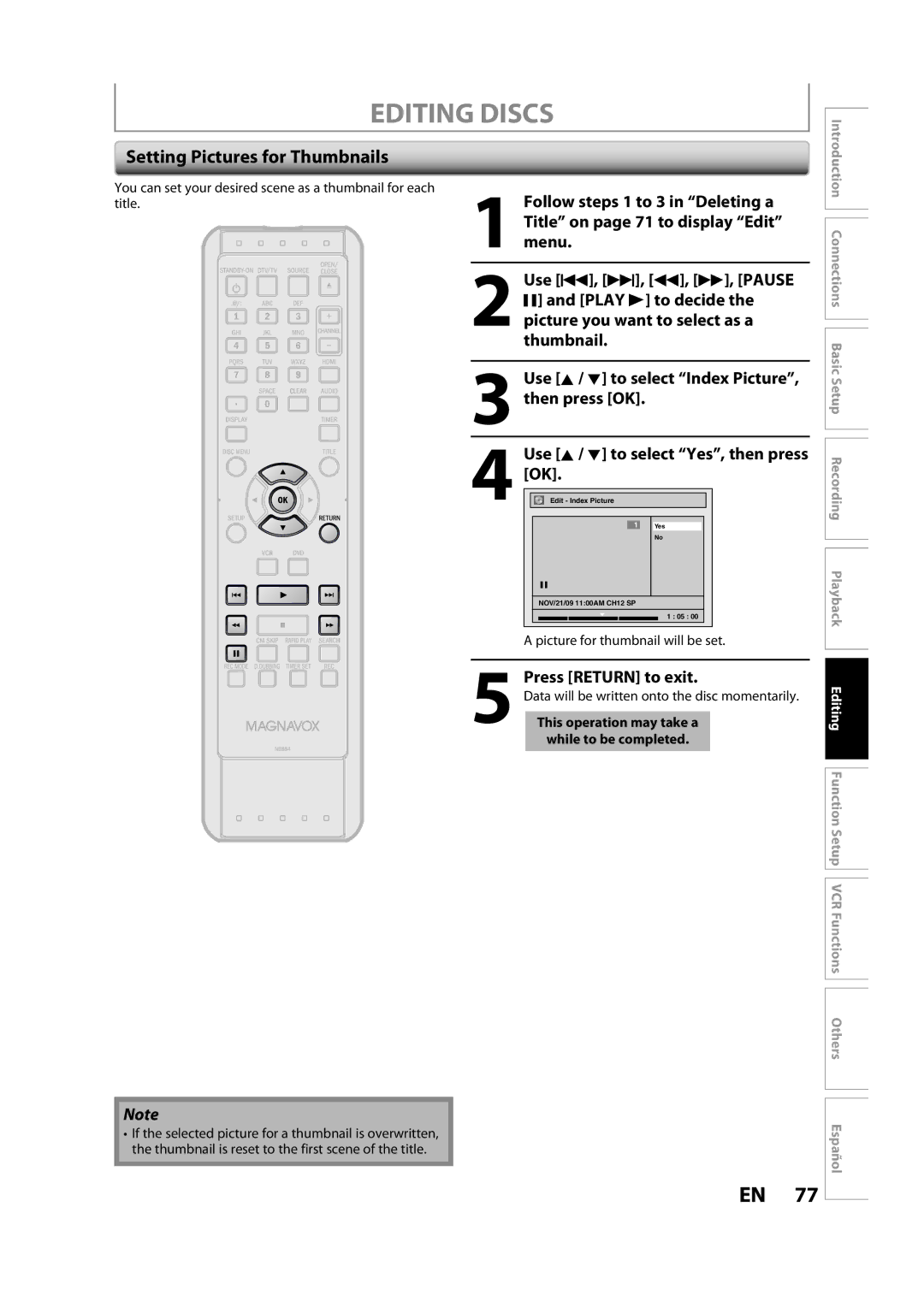 FUNAI ZV457MG9 A owner manual Setting Pictures for Thumbnails, Press Return to exit, Picture for thumbnail will be set 