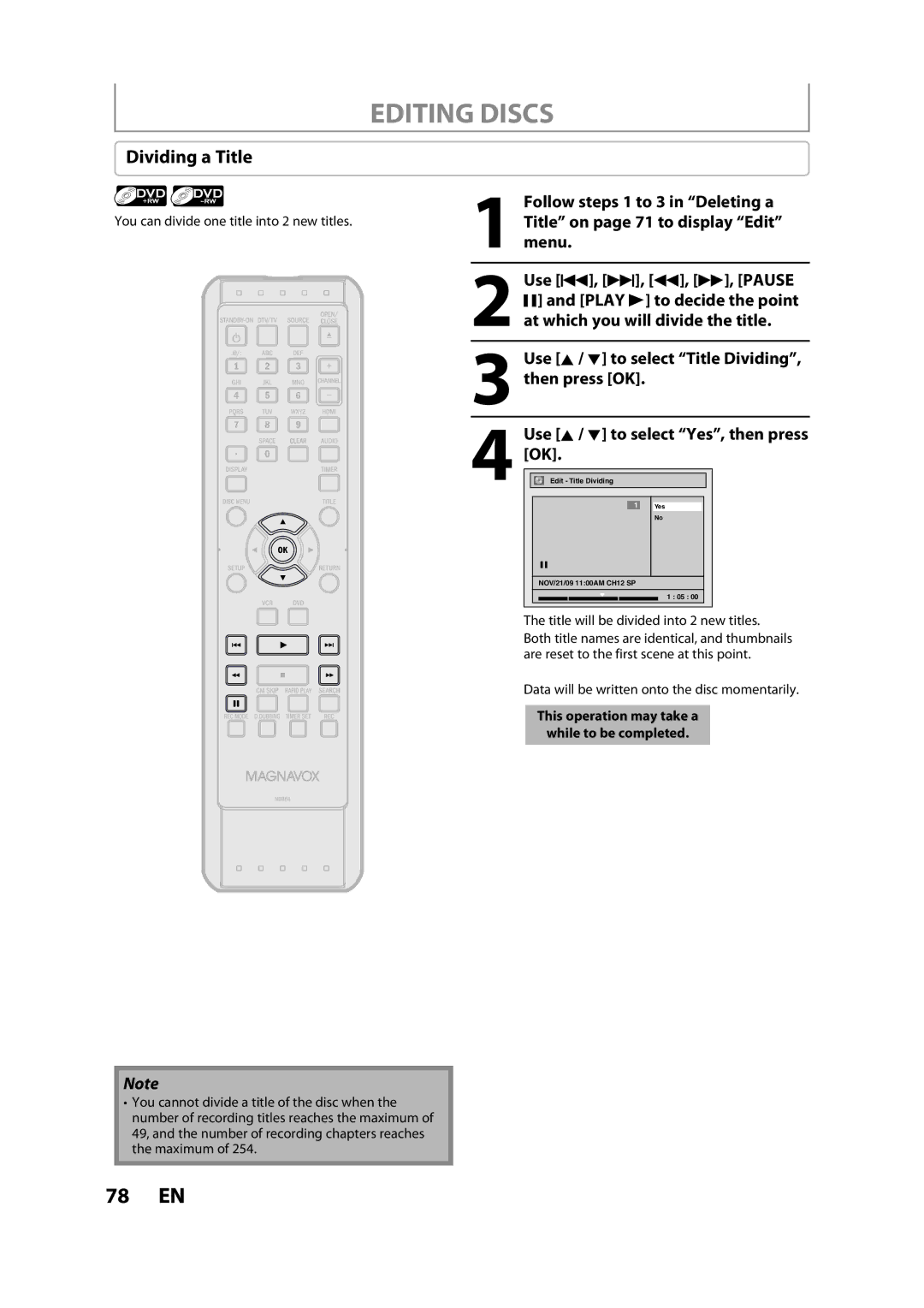 FUNAI ZV457MG9 A owner manual Dividing a Title, Title on page 71 to display Edit, Use H, G, E, D, Pause 