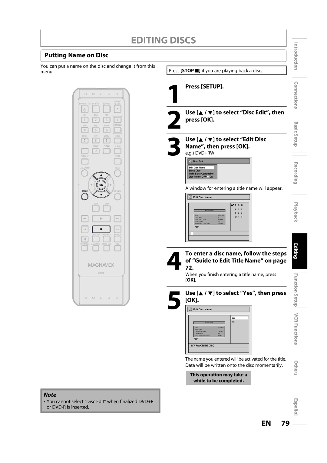 FUNAI ZV457MG9 A Putting Name on Disc, Use K / L to select Edit Disc, Window for entering a title name will appear 