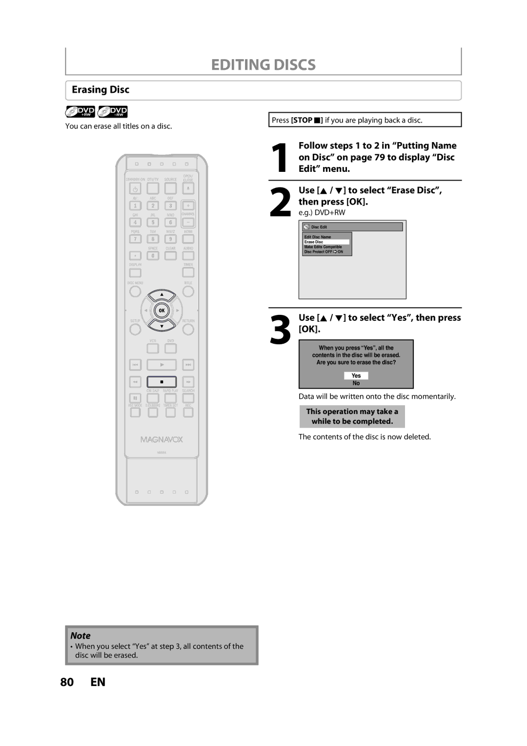 FUNAI ZV457MG9 A owner manual Erasing Disc, Contents of the disc is now deleted 