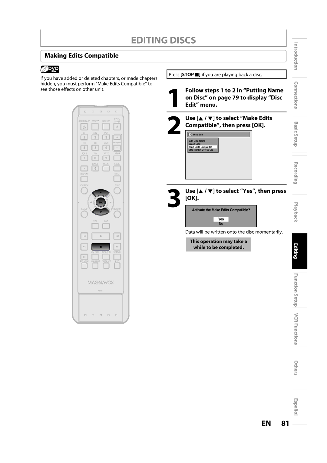 FUNAI ZV457MG9 A owner manual Making Edits Compatible 