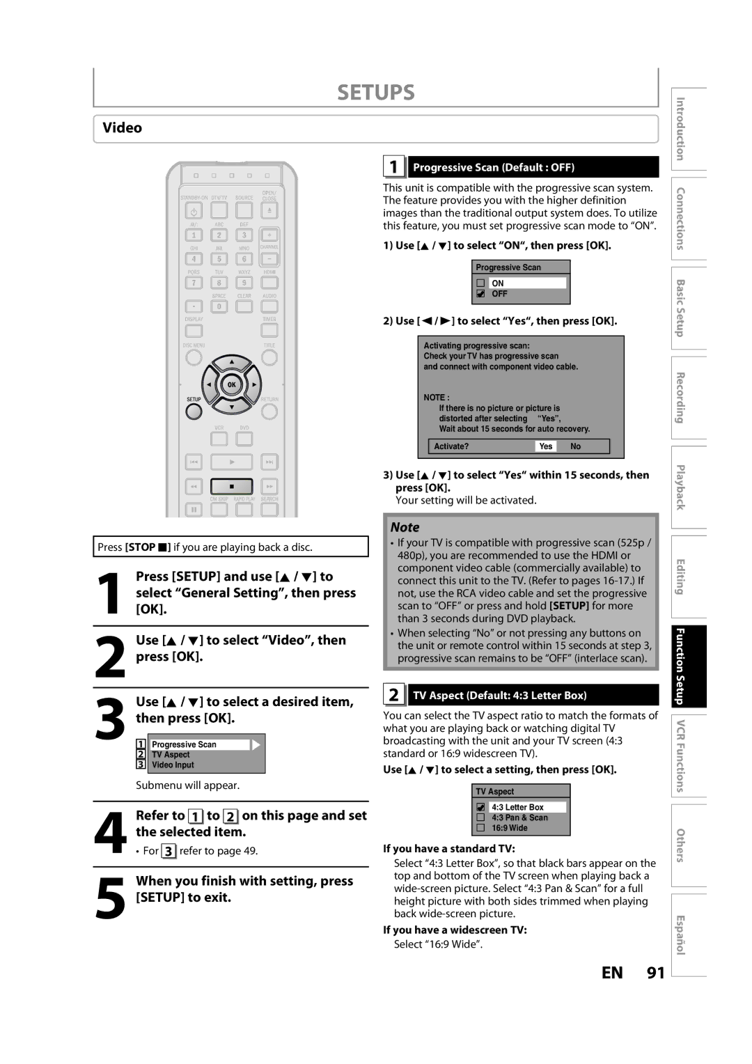 FUNAI ZV457MG9 A Video, When you finish with setting, press Setup to exit, Refer to 1 to 2 on this page and set 