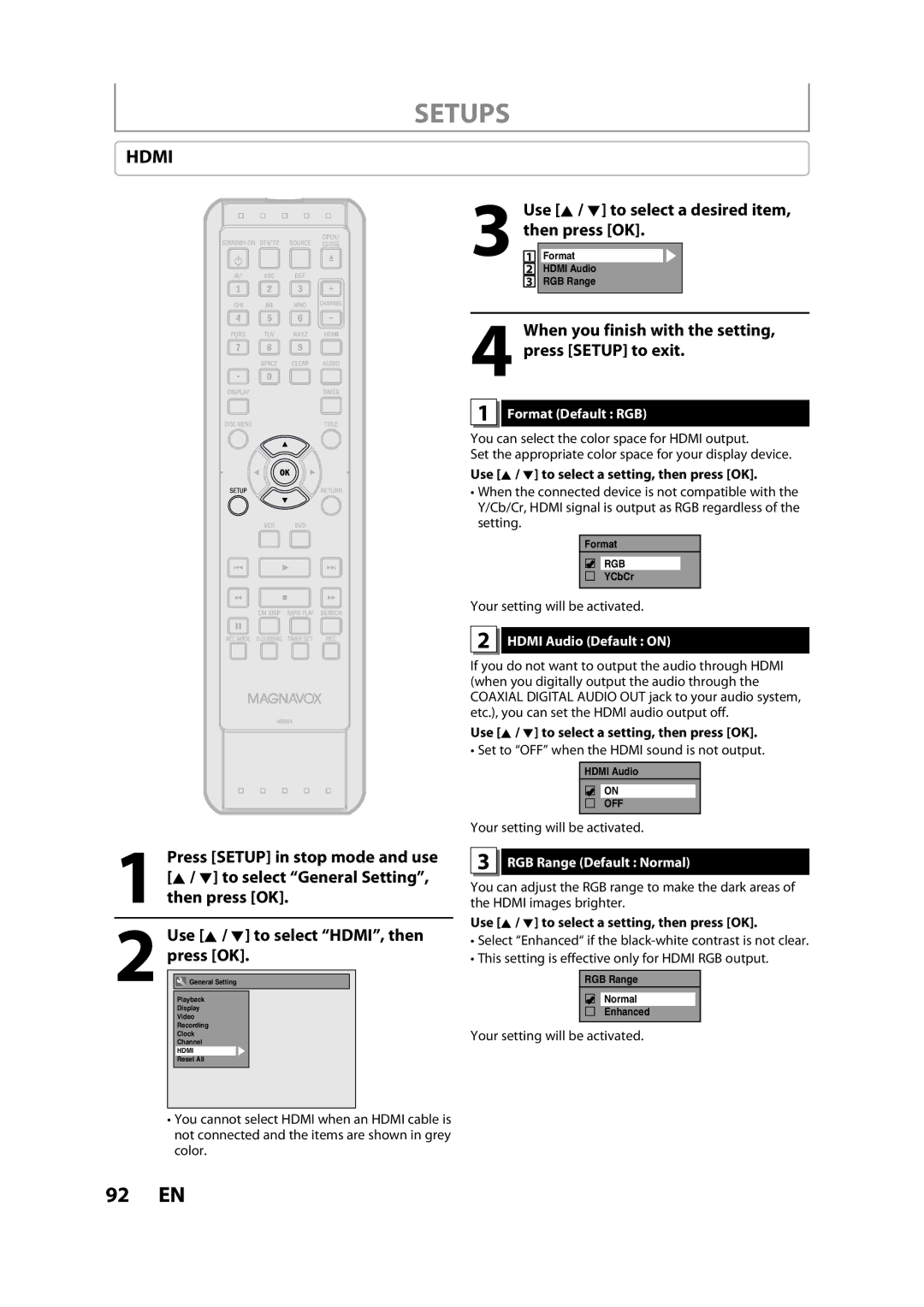 FUNAI ZV457MG9 A When you finish with the setting, press Setup to exit, Format Default RGB, Hdmi Audio Default on 