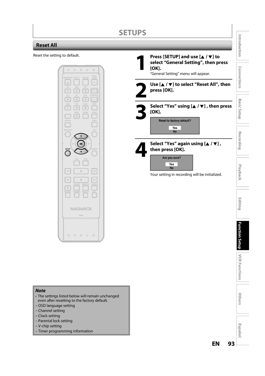 FUNAI ZV457MG9 A owner manual Reset All, Reset the setting to default 