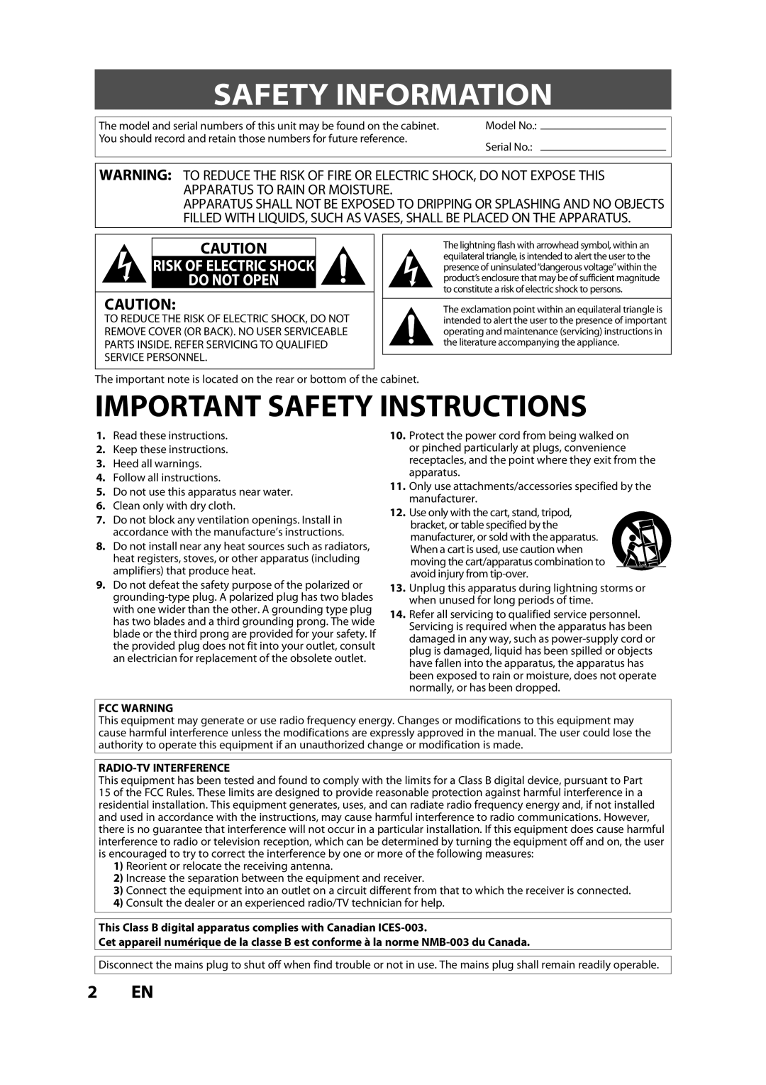 FUNAI ZV457MG9 A Safety Information, 2 EN, Important Safety Instructions, Do Not Open, Risk Of Electric Shock, Fcc Warning 
