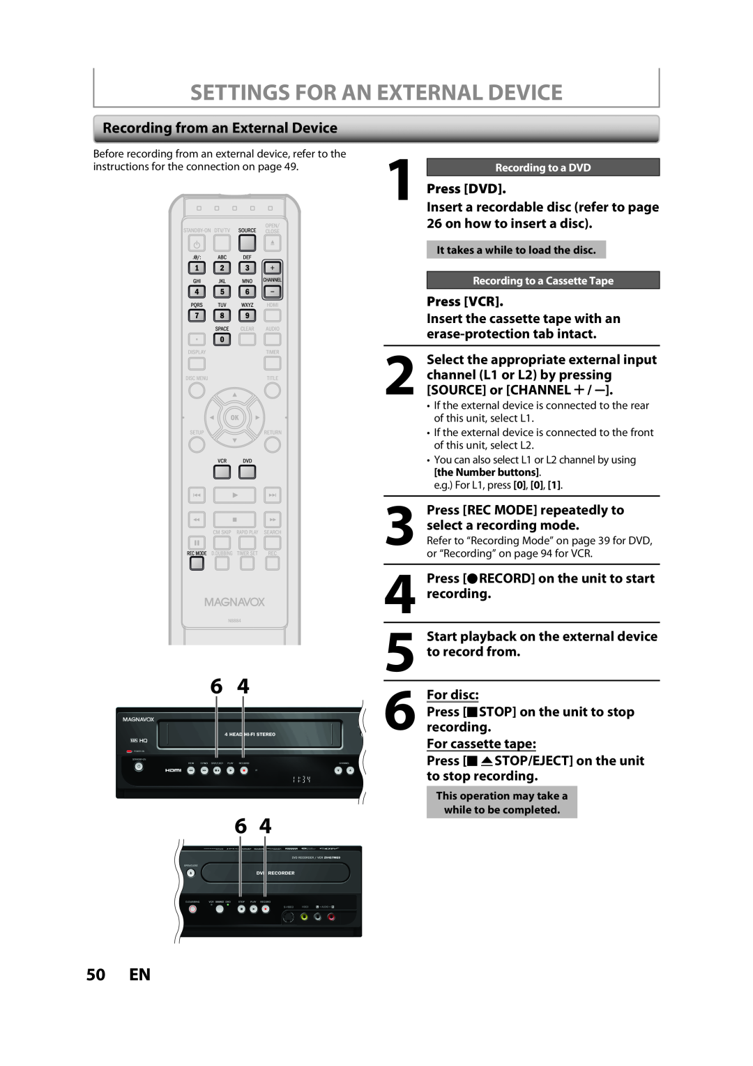FUNAI ZV457MG9 A owner manual Settings For An External Device, 50 EN, Recording from an External Device, Press VCR 