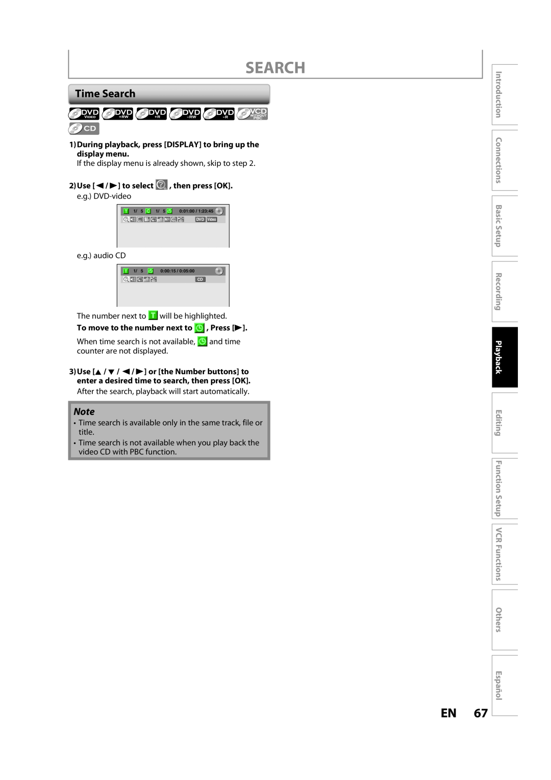 FUNAI ZV457MG9 A owner manual Time Search, During playback, press DISPLAY to bring up the display menu, Español 