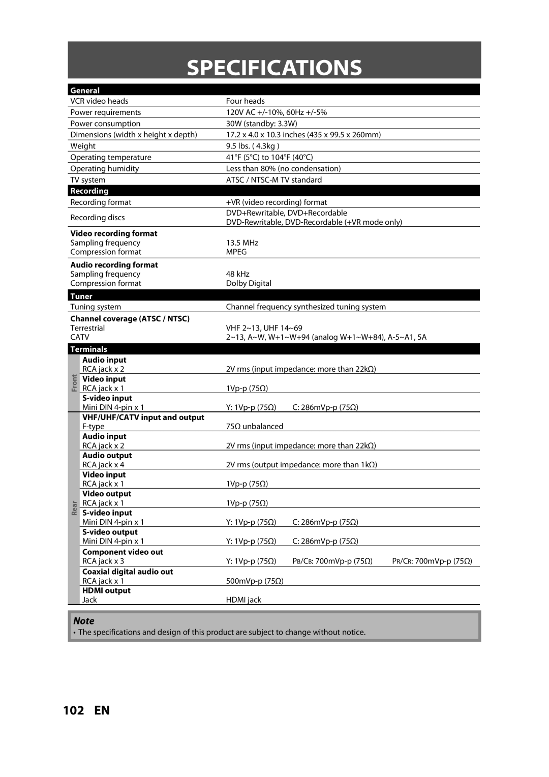 FUNAI ZV457MG9 owner manual Specifications, General, Recording, Tuner, Terminals 