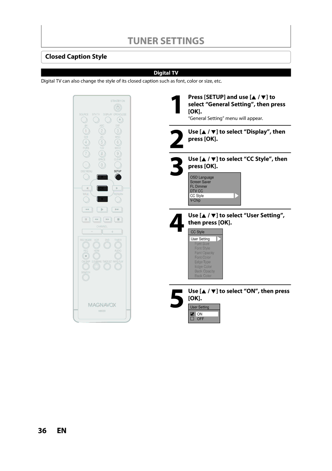 FUNAI ZV457MG9 Closed Caption Style, Use K / L to select User Setting, then press OK, Use K / L to select ON, then press 