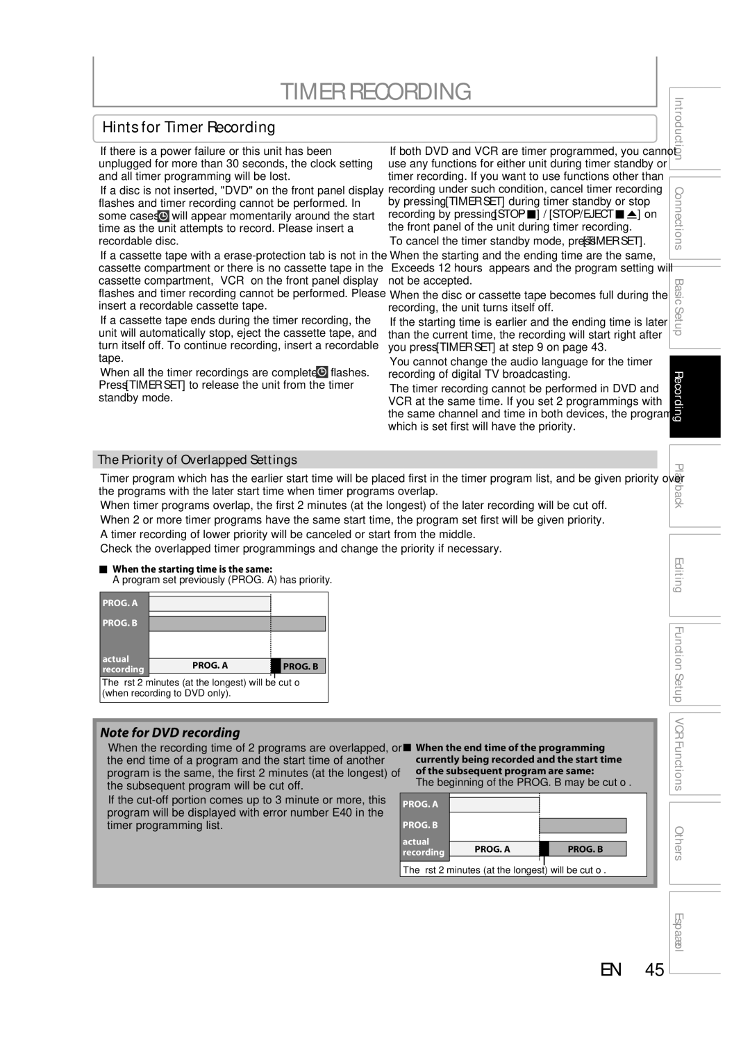 FUNAI ZV457MG9 owner manual Hints for Timer Recording, Priority of Overlapped Settings 