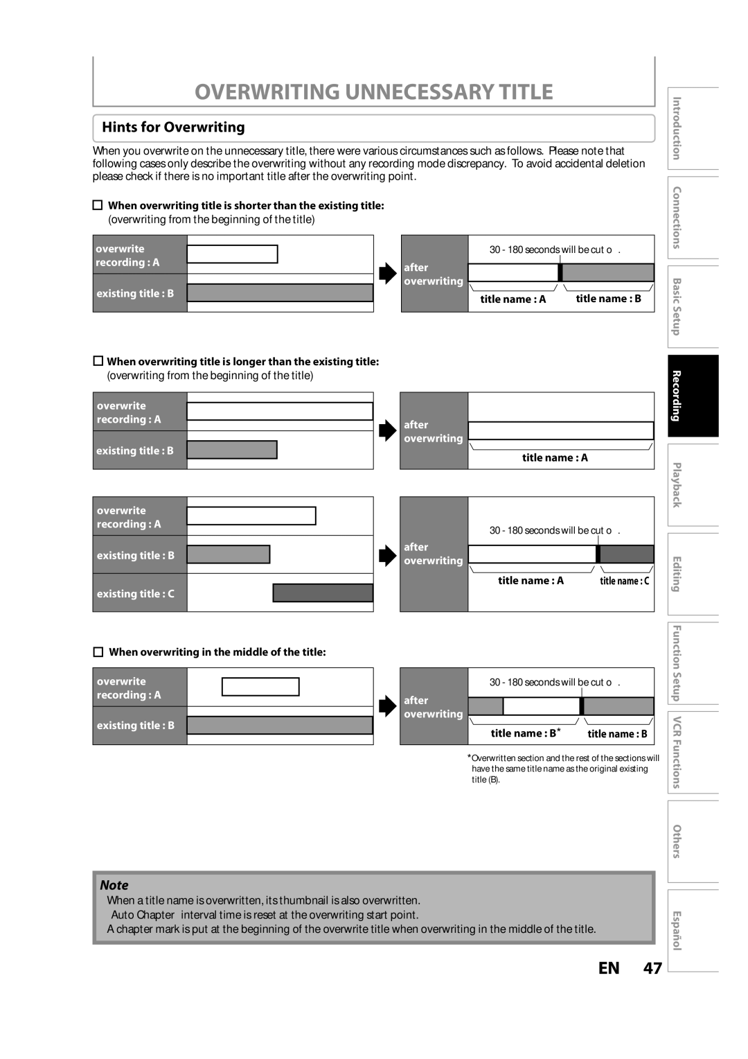 FUNAI ZV457MG9 owner manual Overwriting Unnecessary Title, Hints for Overwriting 