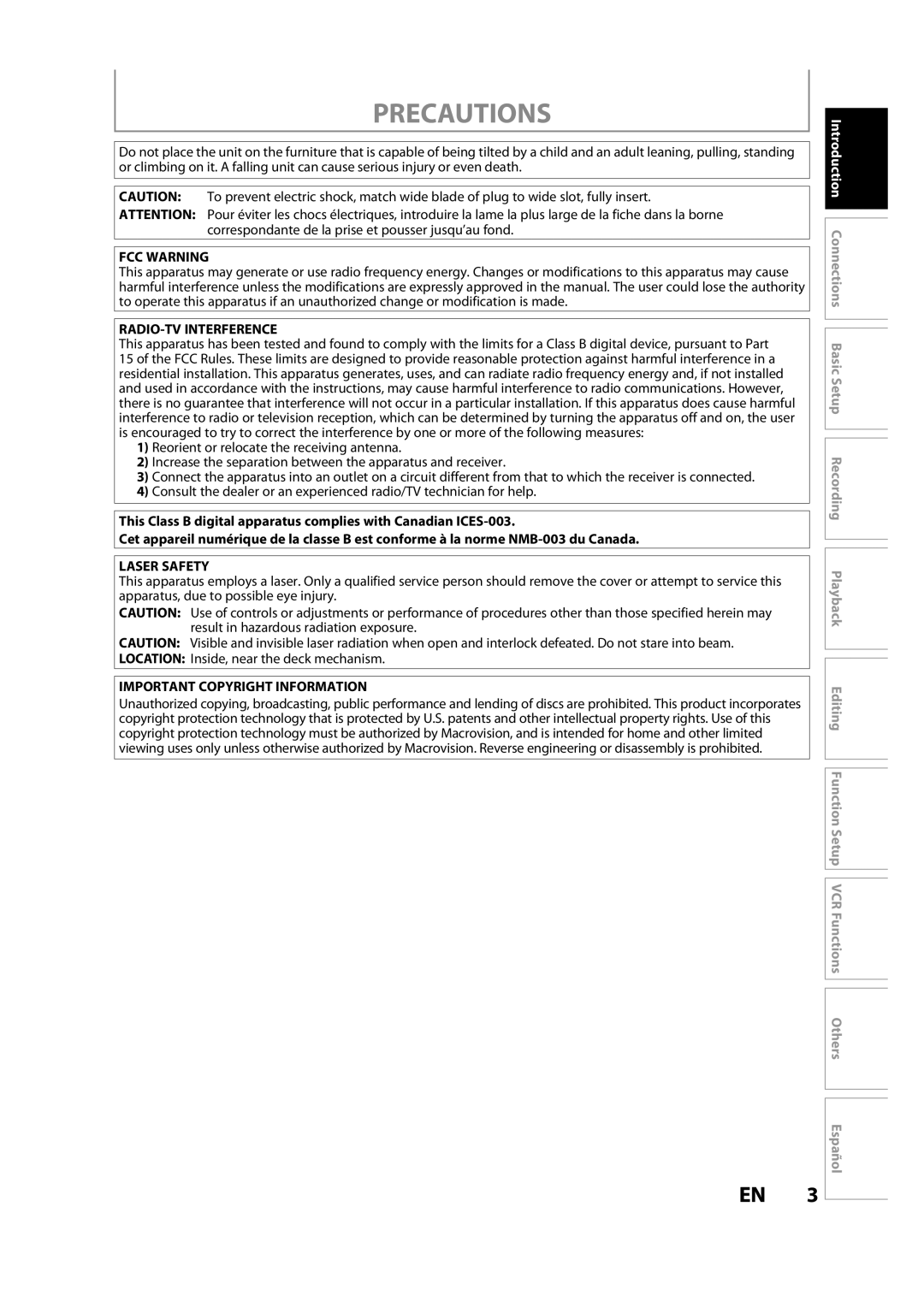 FUNAI ZV457MG9 owner manual Precautions, FCC Warning 