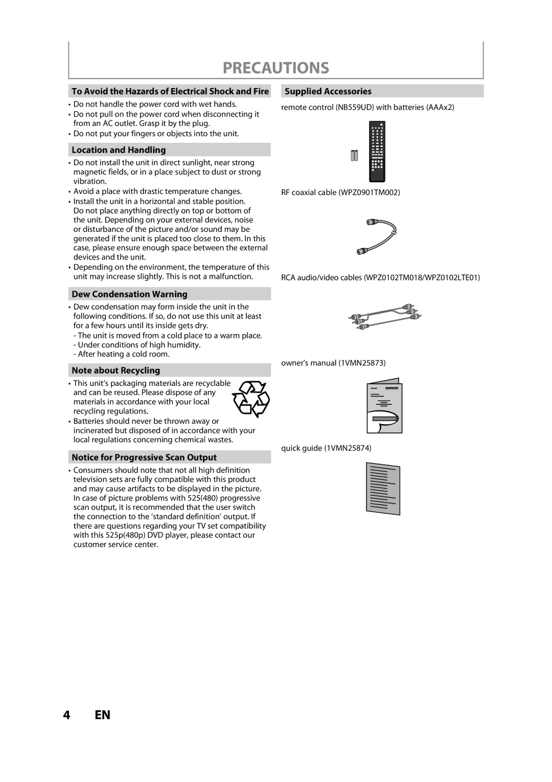 FUNAI ZV457MG9 owner manual Location and Handling, Supplied Accessories, Dew Condensation Warning 