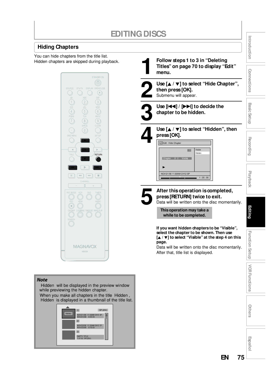 FUNAI ZV457MG9 owner manual Hiding Chapters 