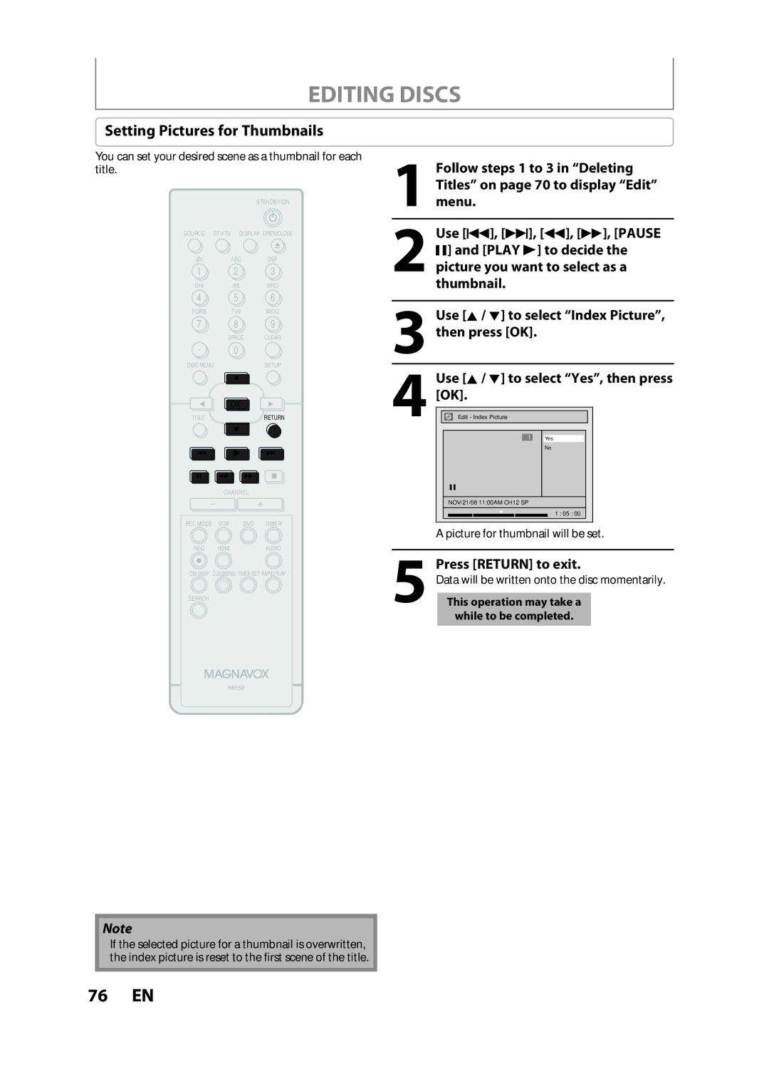 FUNAI ZV457MG9 owner manual Setting Pictures for Thumbnails, Press Return to exit, Picture for thumbnail will be set 