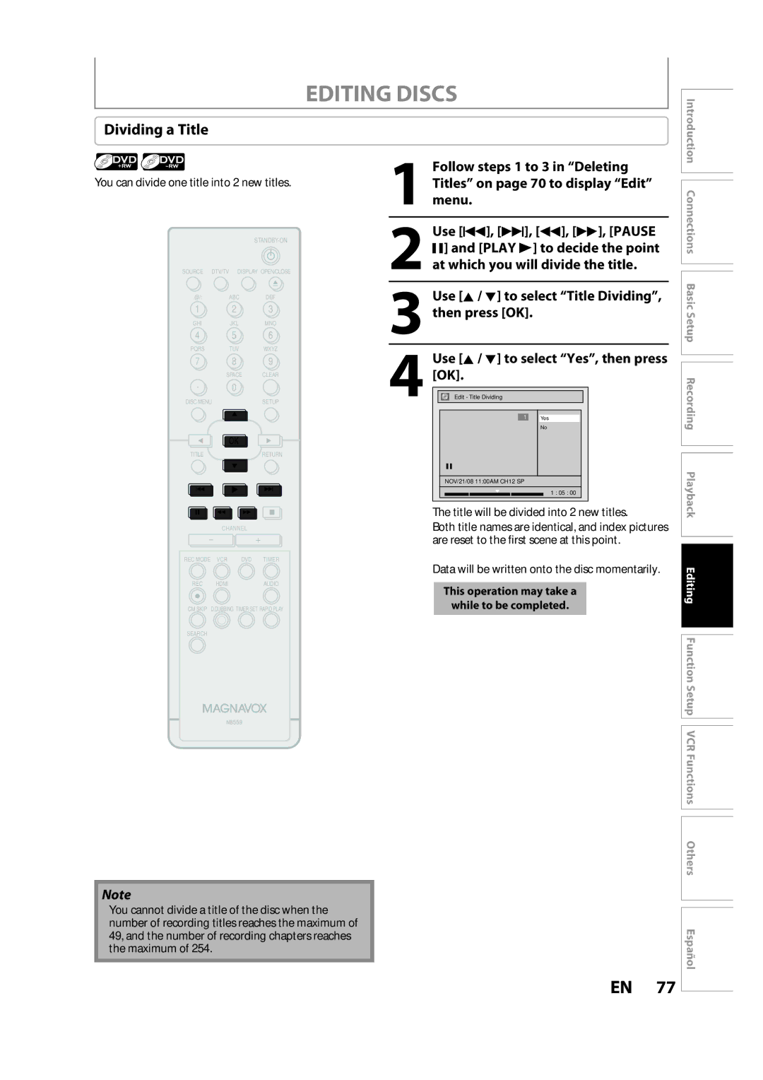 FUNAI ZV457MG9 owner manual Dividing a Title, Use K / L to select Yes, then press 