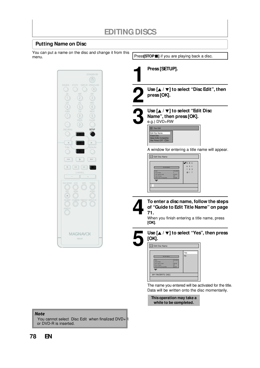 FUNAI ZV457MG9 owner manual Putting Name on Disc, You can put a name on the disc and change it from this menu 