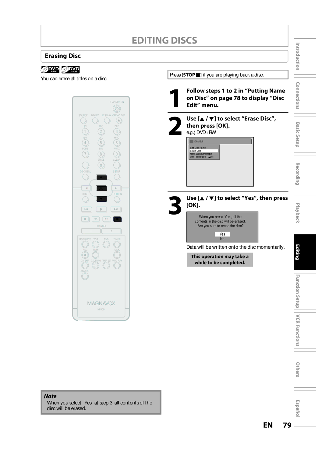 FUNAI ZV457MG9 owner manual Erasing Disc, Data will be written onto the disc momentarily 