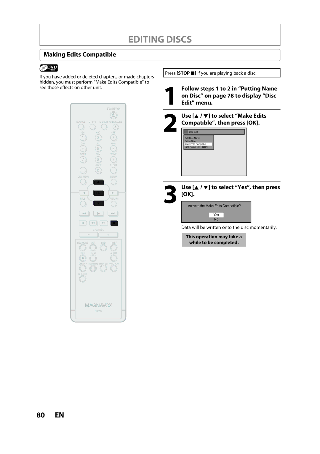 FUNAI ZV457MG9 owner manual Making Edits Compatible, Compatible, then press OK 