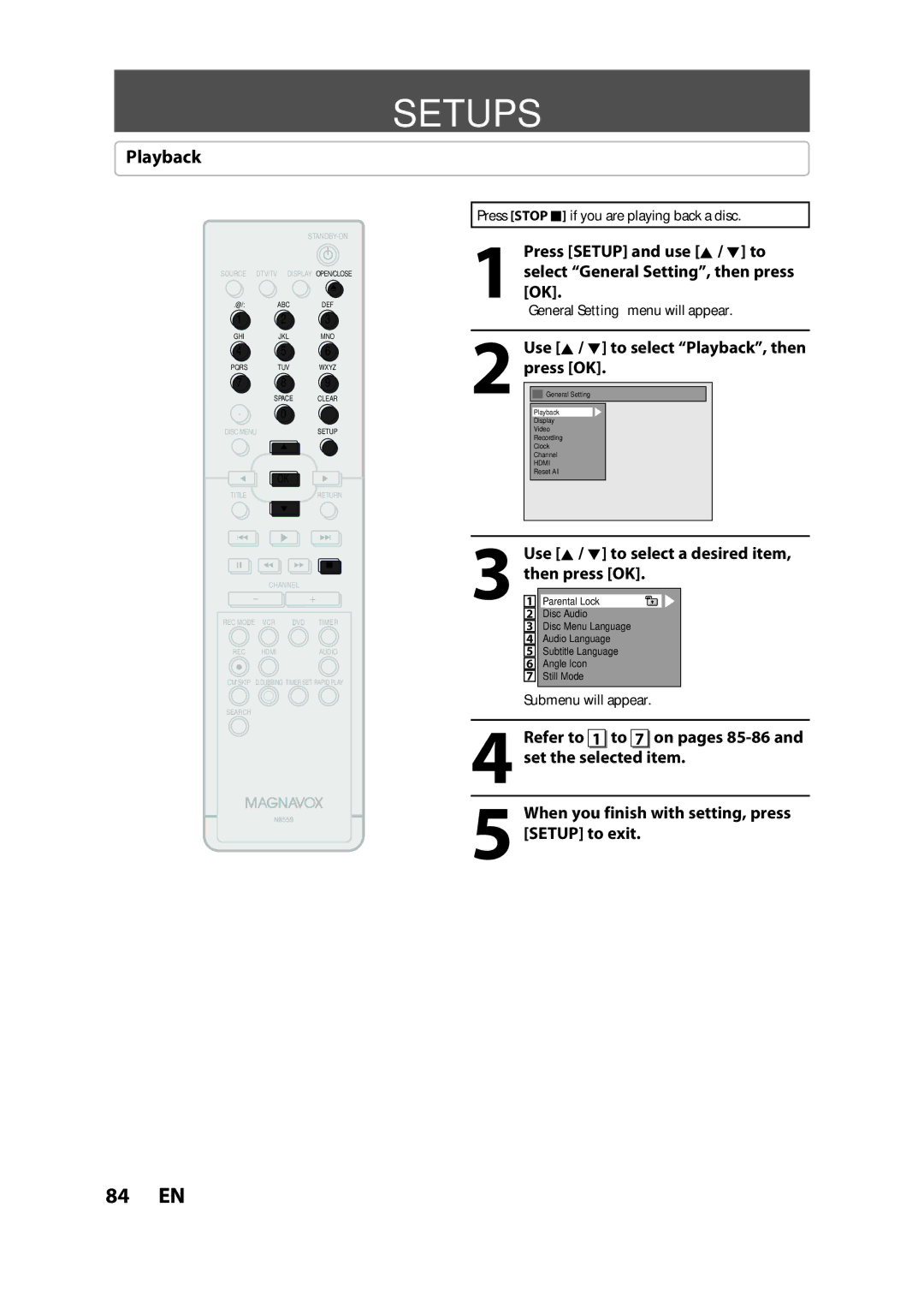 FUNAI ZV457MG9 Setups, Use K / L to select Playback, then press OK, Use K / L to select a desired item, then press OK 