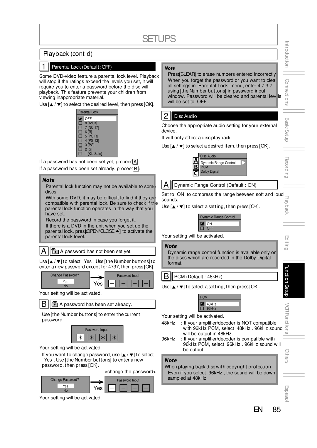 FUNAI ZV457MG9 owner manual Setups, Playback cont’d, Yes, Parental Lock Default OFF, Disc Audio 