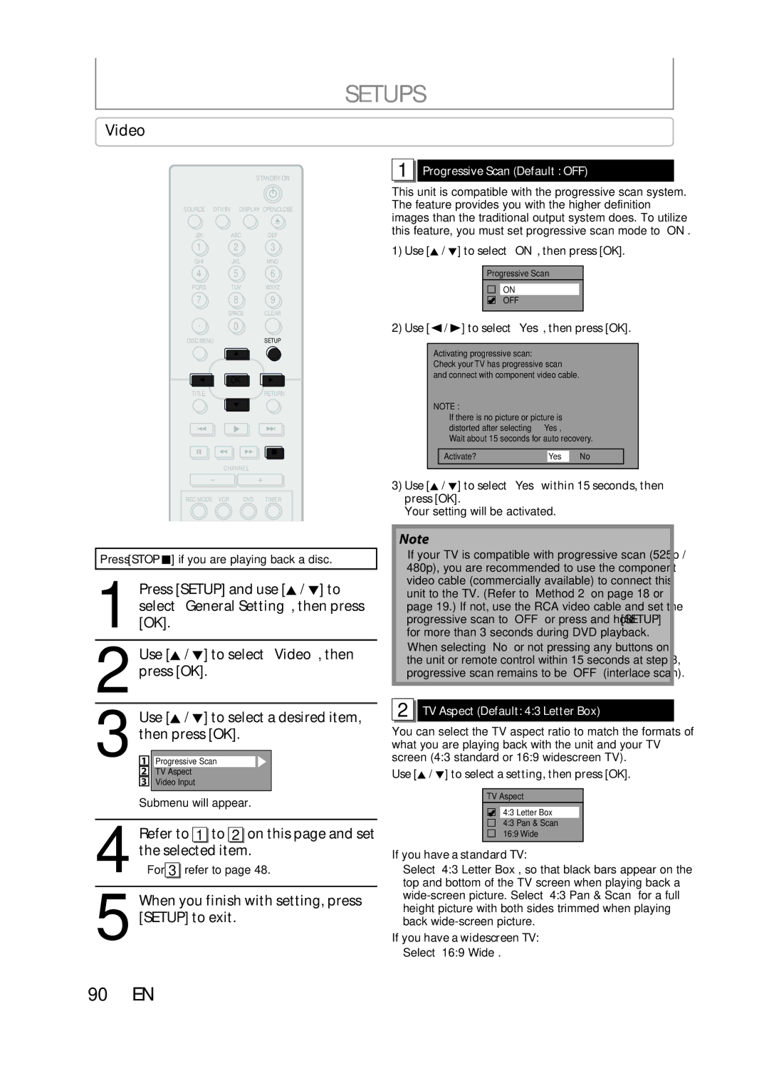 FUNAI ZV457MG9 Video, Refer to 1 to 2 on this page and set, Progressive Scan Default OFF, TV Aspect Default 43 Letter Box 