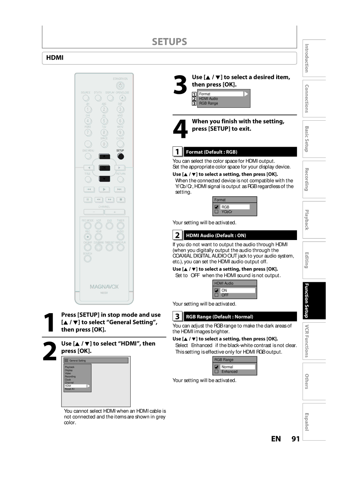 FUNAI ZV457MG9 When you finish with the setting, press Setup to exit, Format Default RGB, Hdmi Audio Default on 