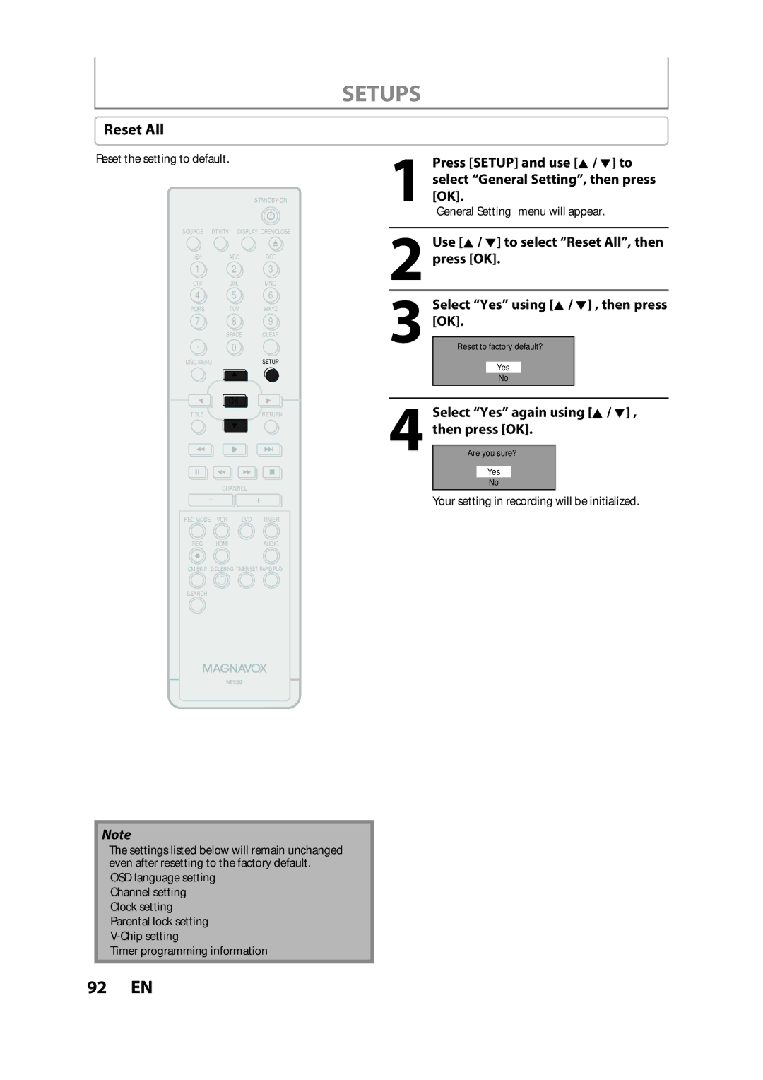 FUNAI ZV457MG9 owner manual Reset All, Select Yes again using K / L , then press OK, Reset the setting to default 