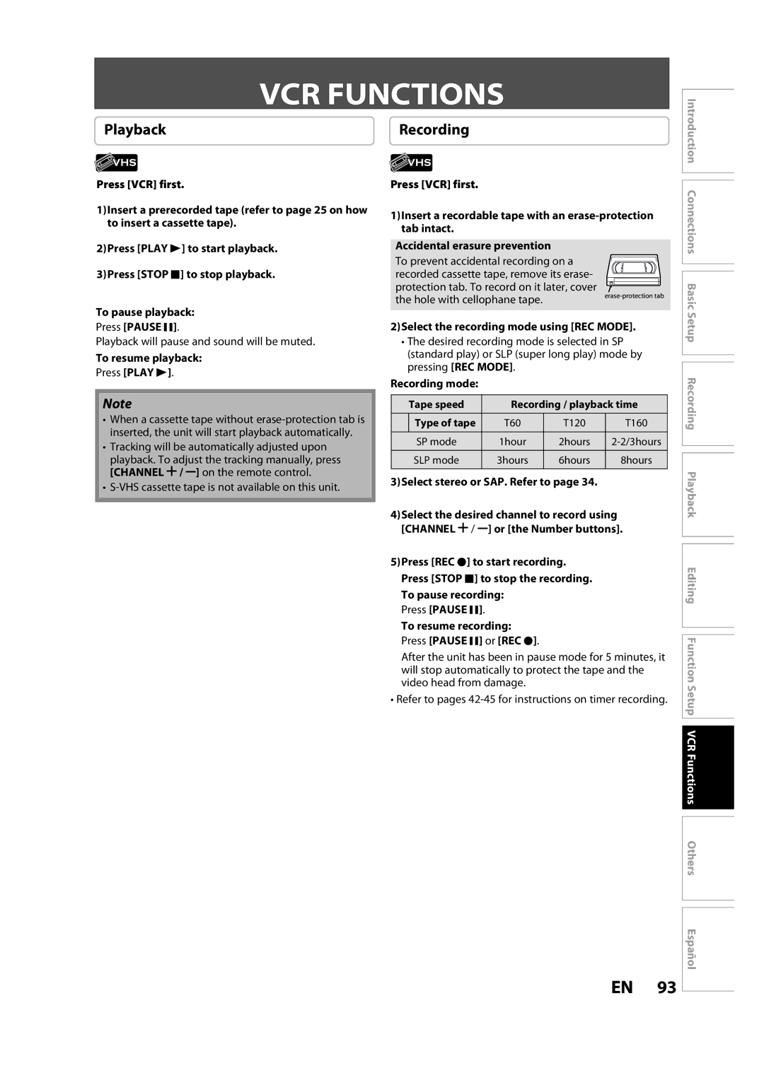 FUNAI ZV457MG9 owner manual VCR Functions, To resume playback, 2Select the recording mode using REC Mode, Recording mode 