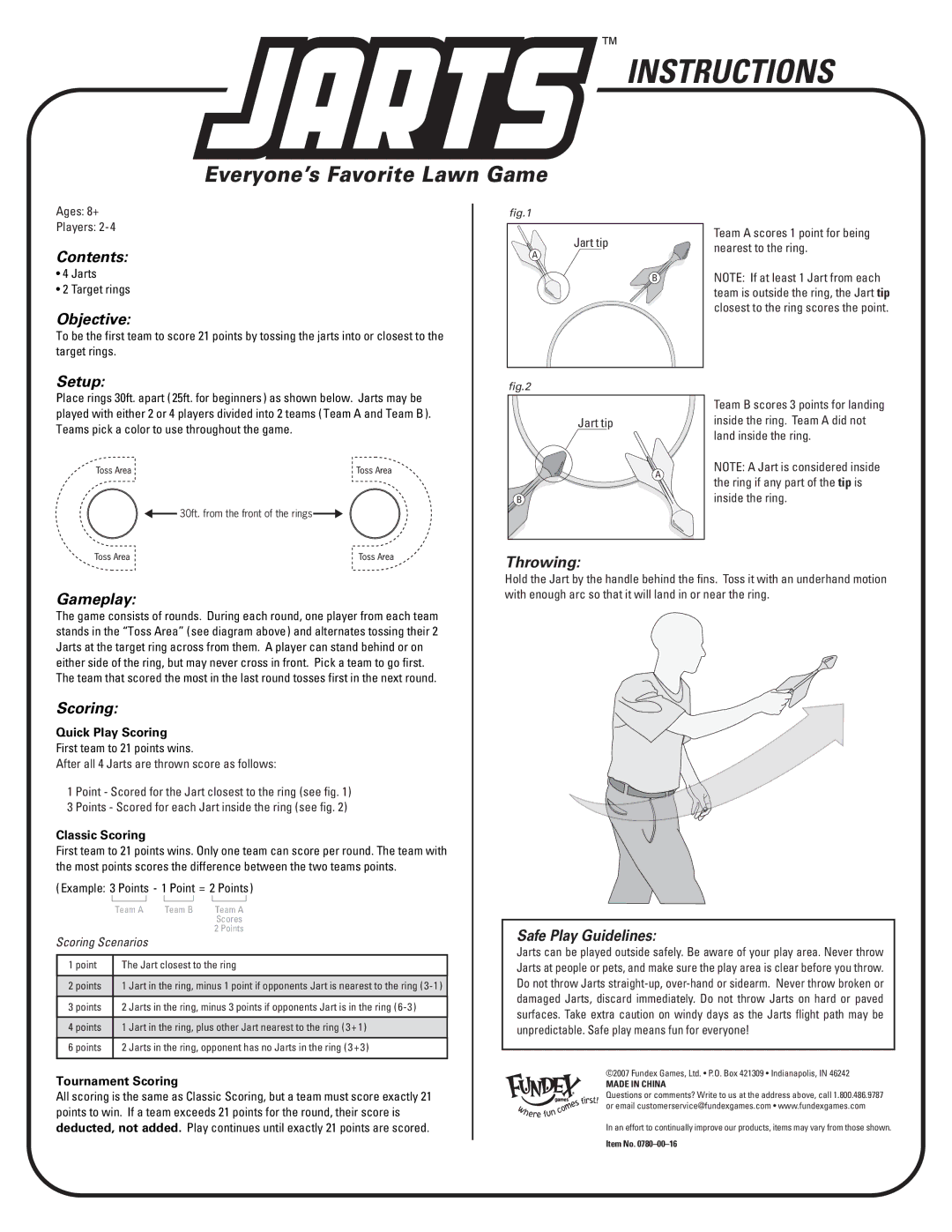 Fundex Games 07800016 manual Throwing, Safe Play Guidelines 